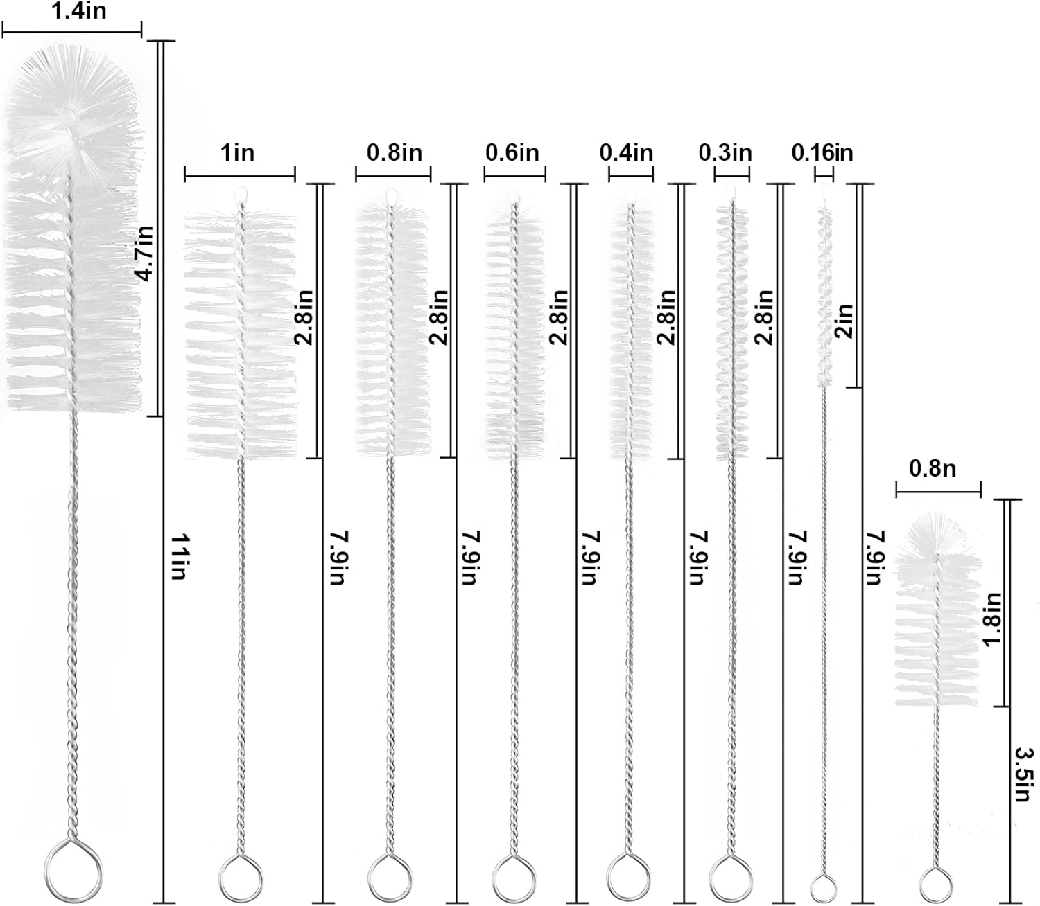 YUNGMAX Small Bottle Brush Set, 8PCS Nylon Straw Cleaner Pipe Brushes for Washing Narrow Neck Water Bottles Jars Teapot Spout (White) image number 4