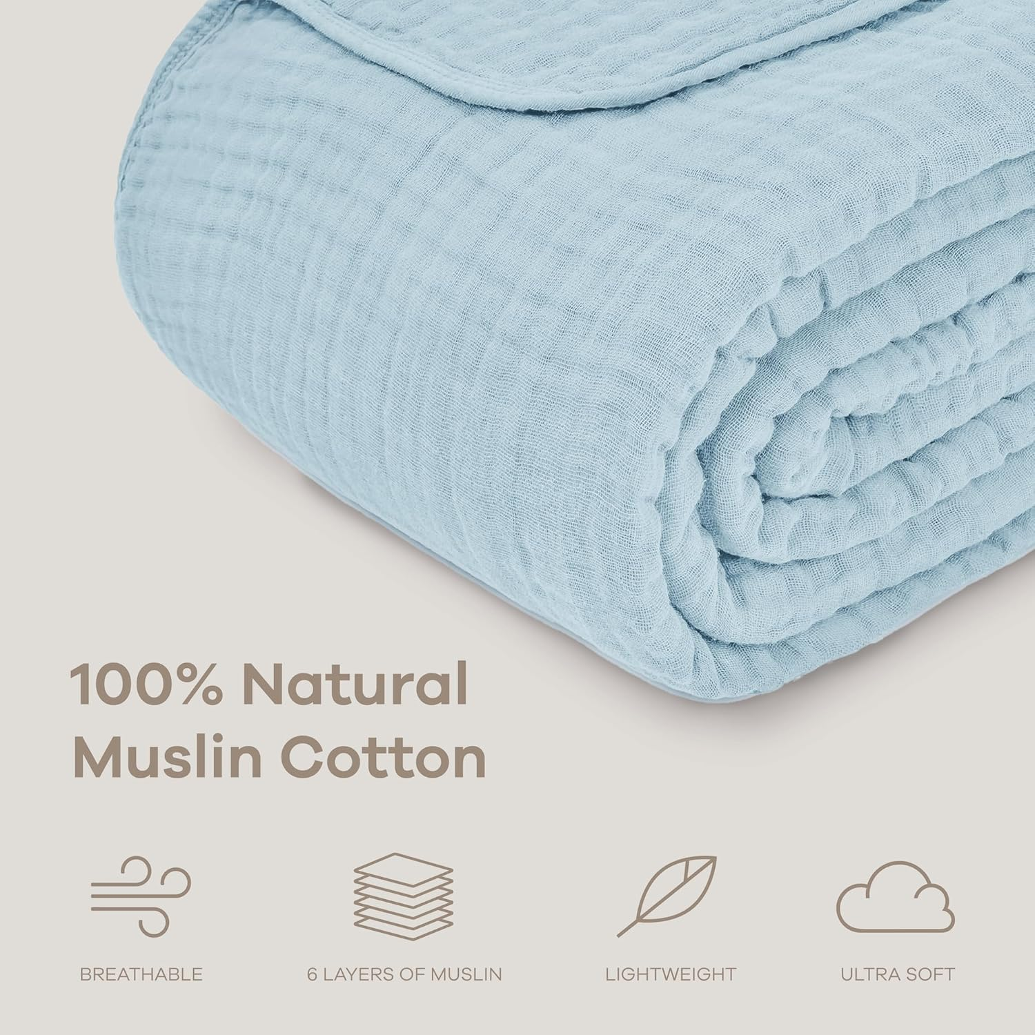 Comfy Cubs Queen Muslin Blanket, Extra Large Size 90&rdquo; X 90&rdquo;, 6 Layer Cooling Cotton Softness, Breathable & Warm Throw for Bedroom, Living Room Couch (Sky Blue, Baby - Muslin) image number 4
