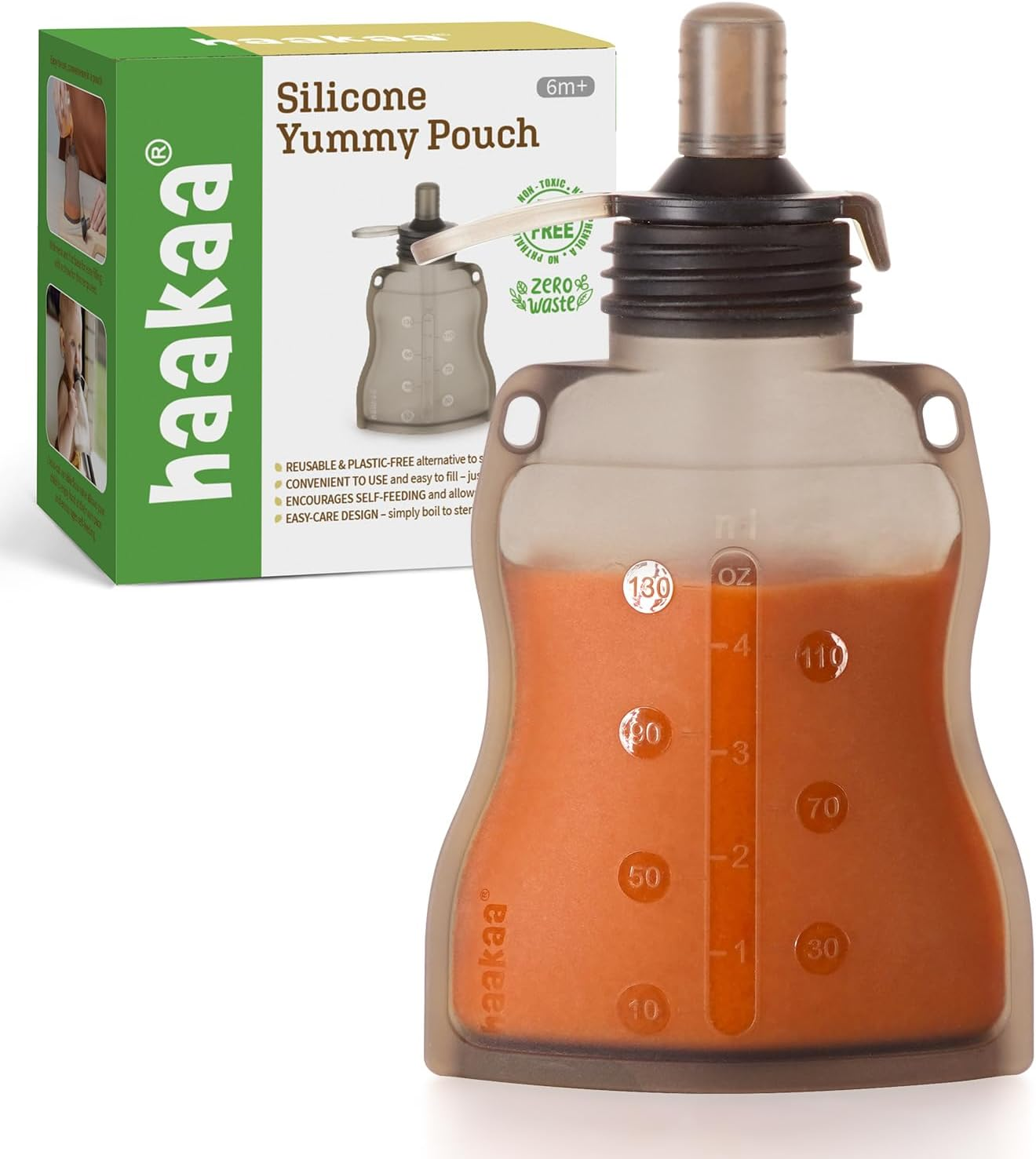 Haakaa Silicone Yummy Pouch, Reusable Soft Squeeze Food Pouch, Convenient and Portable Refillable Baby Food Breastmilk Storage Bag | Great for Purees, (130Ml) 1Pack image number 5