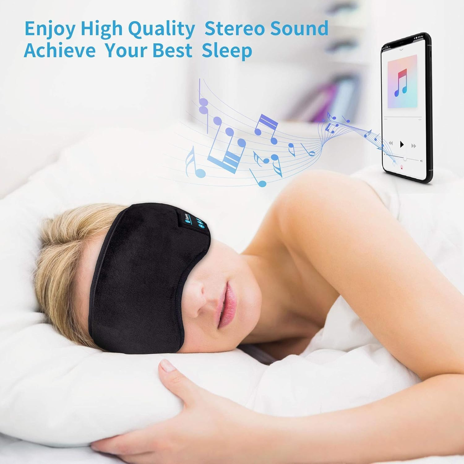 Sleep Headphones Bluetooth Eye Mask, Wireless Bluetooth 5.0 Headphones Music Travel Sleeping Headphones Handsfree Sleeping Mask with Built-In Speakers Microphone Washable (Black-1Pack) image number 2
