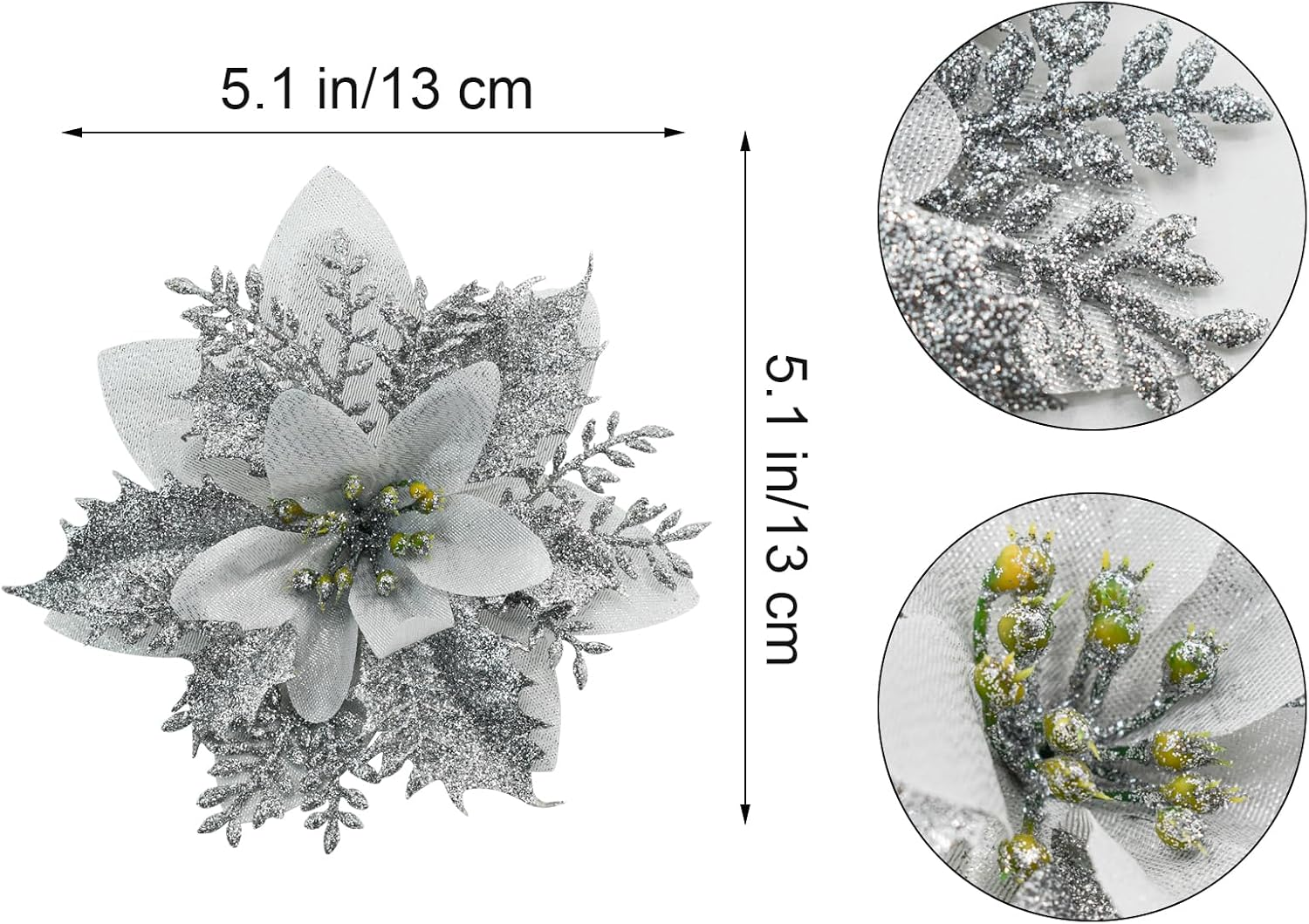 24PCS Glitter Poinsettia 5.1" Artificial Christmas Flowers with Clips Stems Fake Flowers for DIY Wreath Garland Xmas Tree New Year Wedding Party Ornament (Mix Color) image number 3