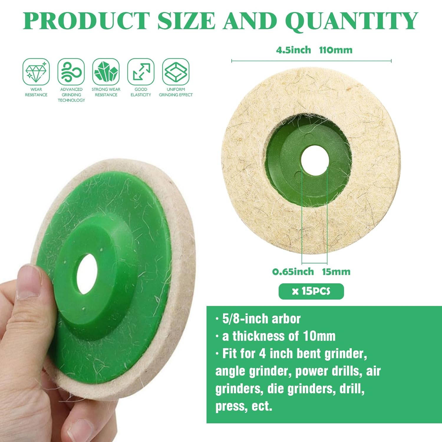 15Pcs 4 Inches Wool Felt Disc Wheel Pad for 5/8" Arbor Angle Grinder, Buffing Polishing Wheel for Metal Aluminum,Stainless Steel, Chrome, Jewelry, Wood, Plastic, Ceramic, Glass