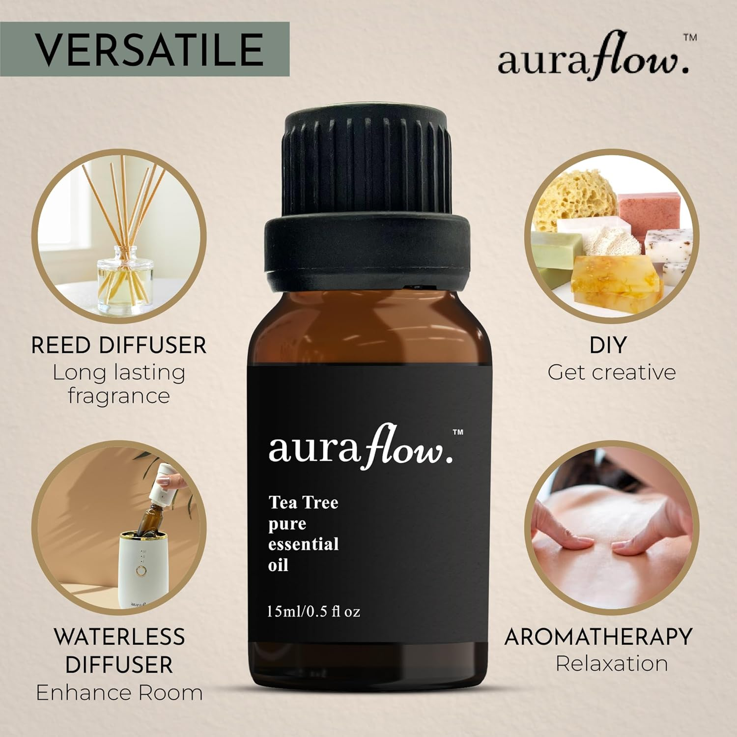 AURAFLOW 15Ml Premium Tea Tree 100% Pure Plant Based Essential Botanical Oil for Aromatherapy, Yoga, Zen, Sleep, Relax, No Stress, Essential Oil for Diffuser, Skin, Face, Hair & Perfume image number 6