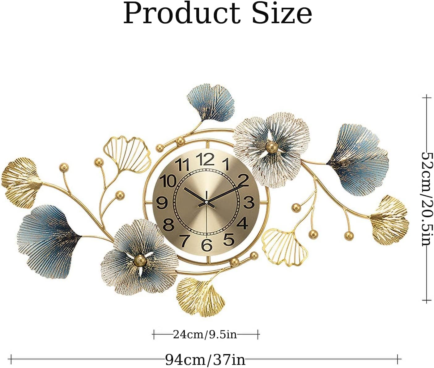 Fmnnfp Large Wall Clock 37 Inch Creative Metal Ginkgo Leaf Design Wall Clock Silent Non Ticking Decoration Wall Clocks for Living Room Bedroom Home