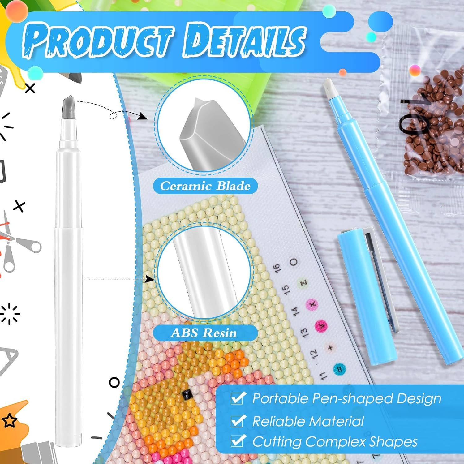 2 Pcs DIY Diamond Painting Parchment Paper Cutter Precision Craft Ceramic Blade Knife Pen for Cutting Paper Art with Replaceable Blade (Blue, White) image number 2