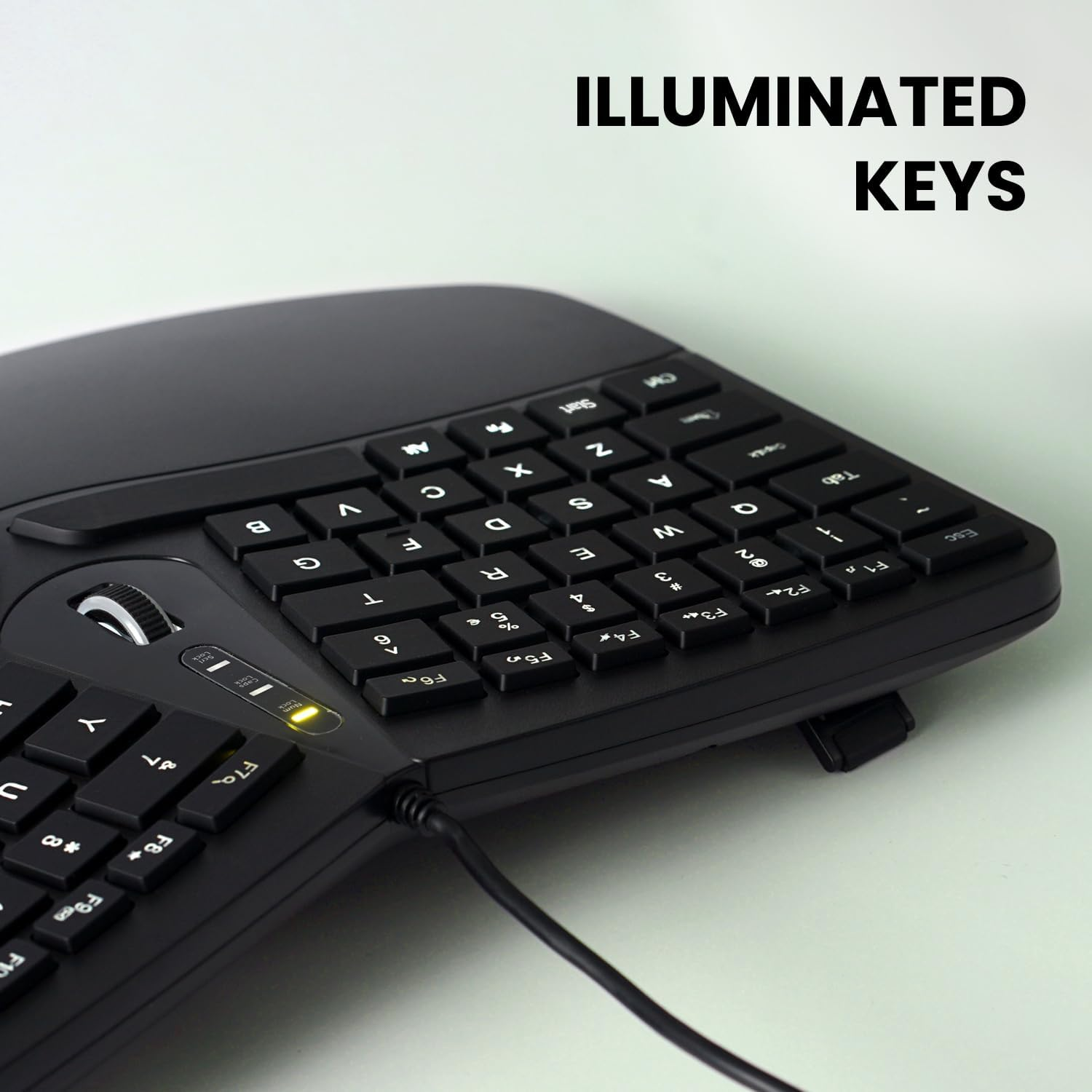 Perixx PERIBOARD-330B, Wired Ergonomic Keyboard with Adjustable Wrist Rest, Illuminated Keys, and Membrane Low Profile Keys, 2 Extra USB Ports, US English Layout image number 1