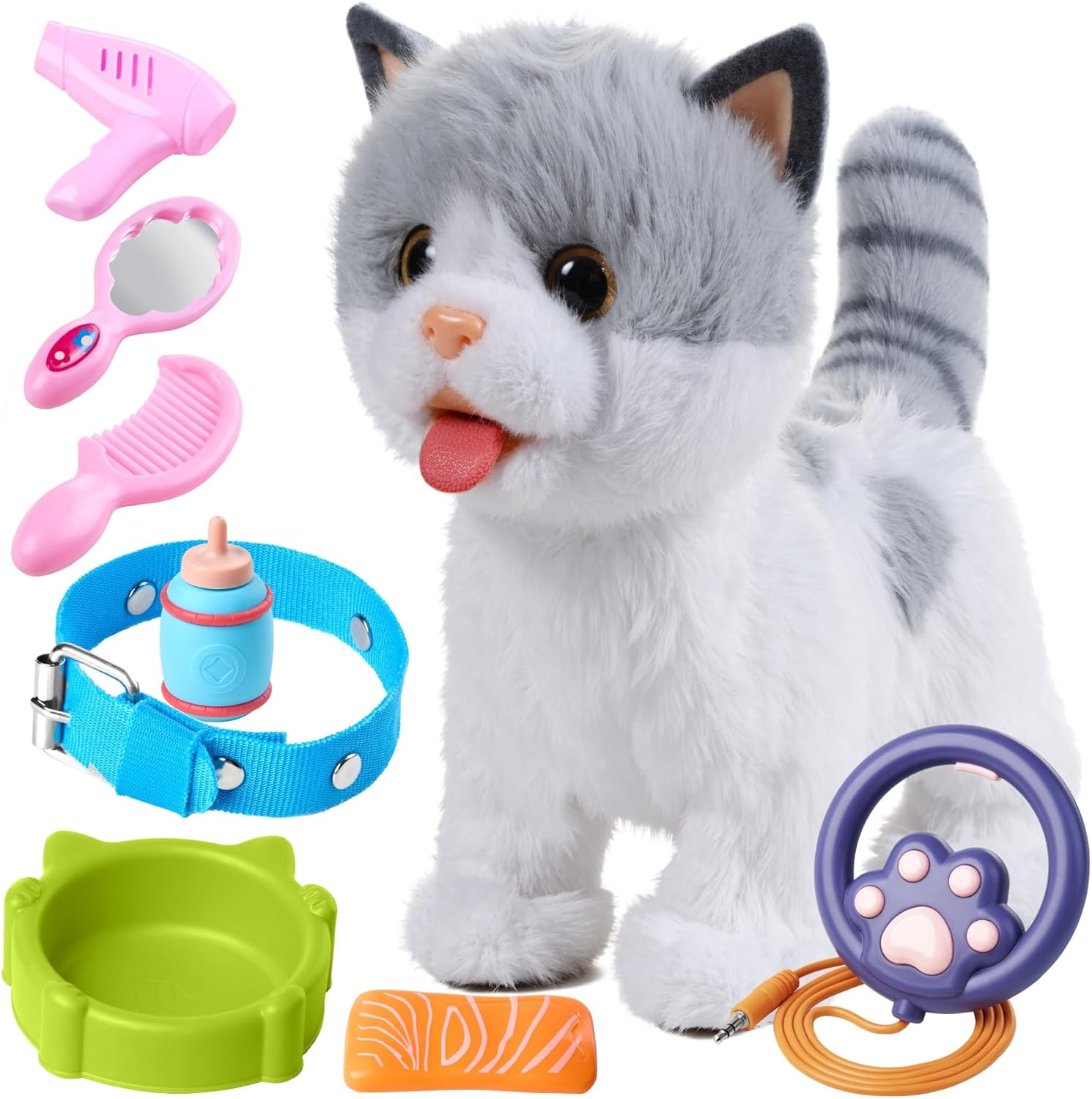 OR or TU Walking Toy Cat with Remote Control Leash, Plush Cat Electronic Interactive Toys for Kids, Shake Tail, Licking, Pretend Dress up Realistic Stuffed Animal Cat Age 3 4 5 6+ Years Old Best Gift image number 4