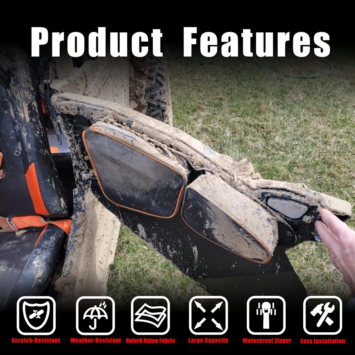 Goldfire RZR XP 1000 Accessories, RZR Door Bags Sxs Storage Bag Set W/Knee Pad for 2014-2020 Polaris RZR XP Turbo Turbo S 1000 S900(Orange Piping) image number 3