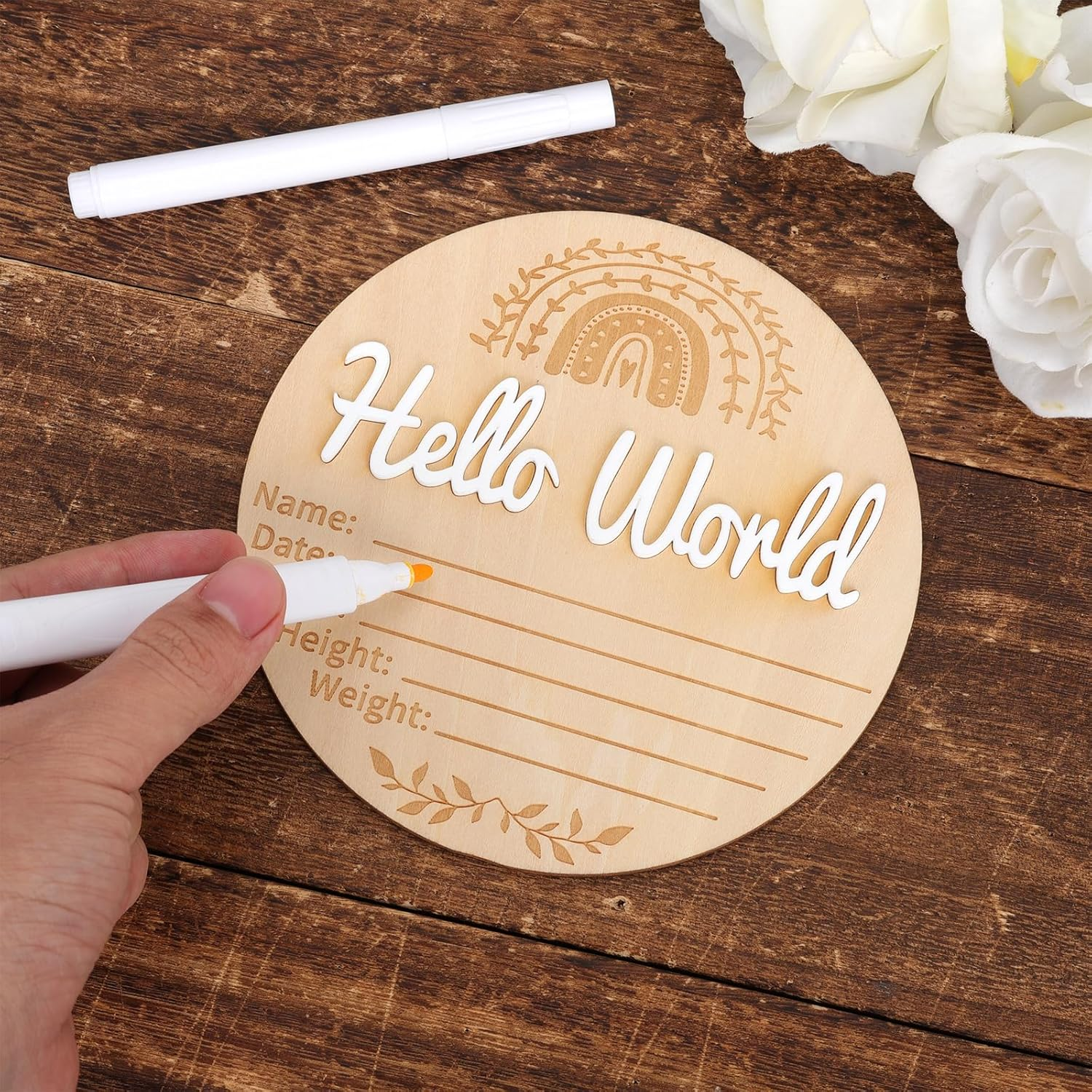 NQEUEPN Baby Announcement Sign, 5.91X5.91In Hello World Newborn Sign Wooden Baby Name Information Sign Birth Announcement Cards for Newborn Baby Wall Decoration Shower Nursery (Rainbow Pattern) image number 5