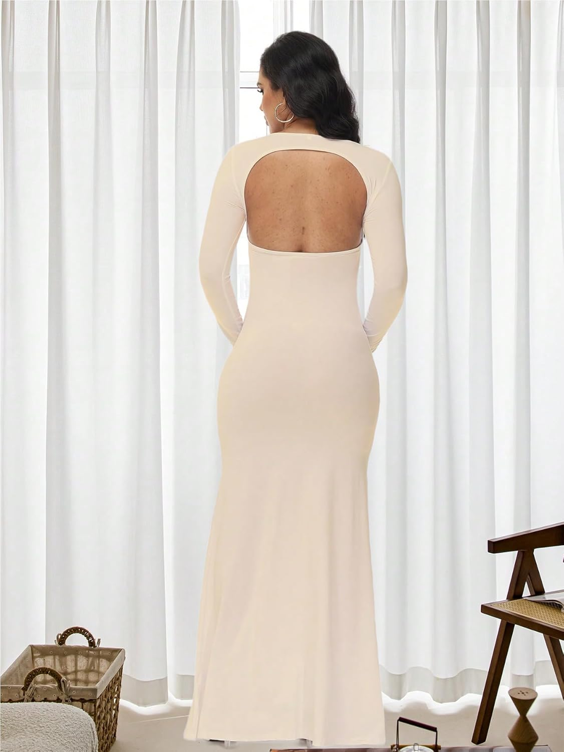 Justvh Maternity Dress for Photoshoot Solid Cut Out Backless Long Sleeve Maxi Photography Pregnancy Dress for Women