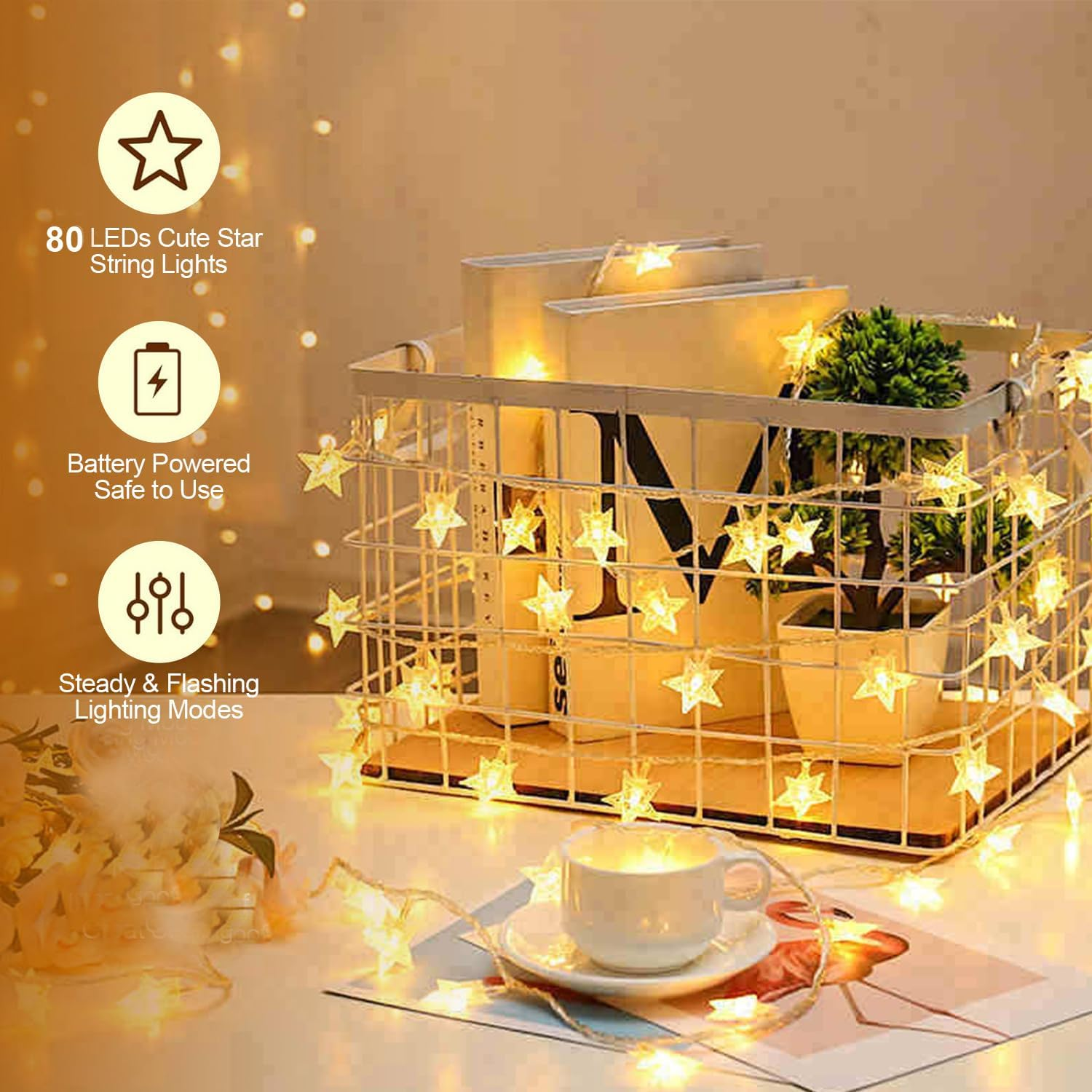Fairy Lights,10M 80Leds Star String Lights Battery Operated - H HOME-MART Star Fairy String Lights, Waterproof for Indoor Bedroom Tent Loft Bed Patio Party Christmas Lights, Warm White image number 3