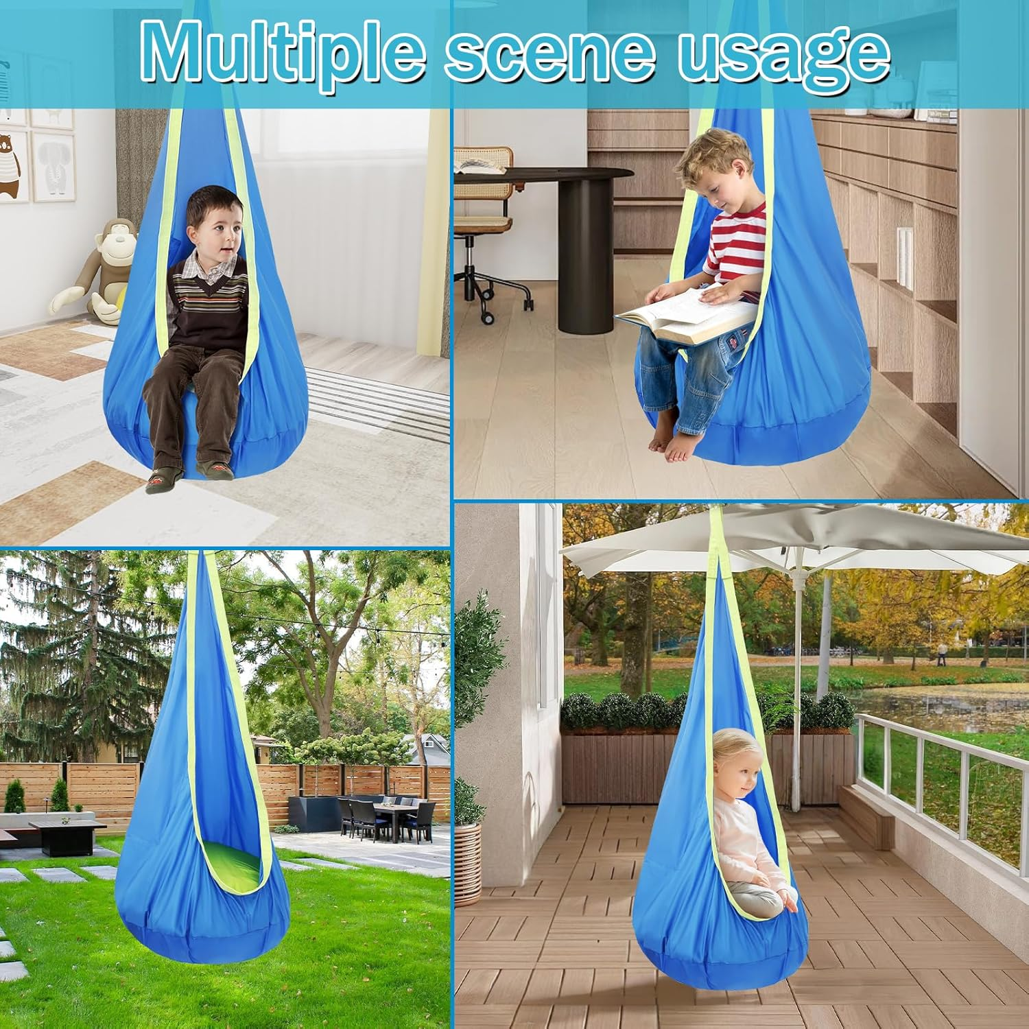 Kids Pod Swing Seat, Portable Hammock Sensory Chair Swing, with Inflatable Pillow Hanging Hammock Chair, with Pocket Max 80 Kg, for Indoor Outdoor Use Kids, for Backyard Playground Indoor Outdoor image number 5
