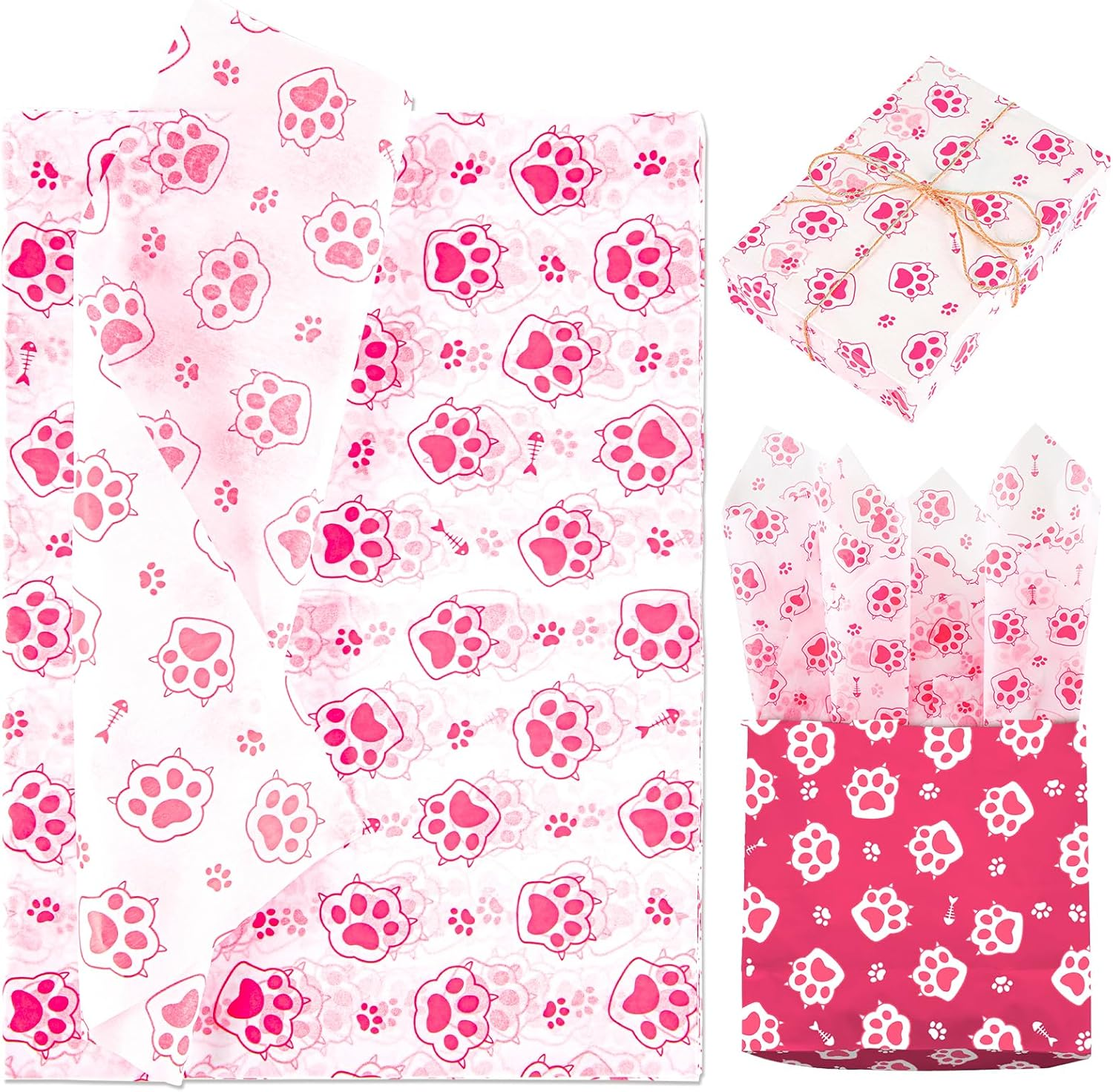 30Pcs Cat Paw Print Tissue Paper, 13.8X19.7In Cute Wrapping Tissue Paper Gift Wrap Paper Tissue Paper Sheets for Gift Packaging Wedding Birthday Party Supplies DIY Crafts (Pink)