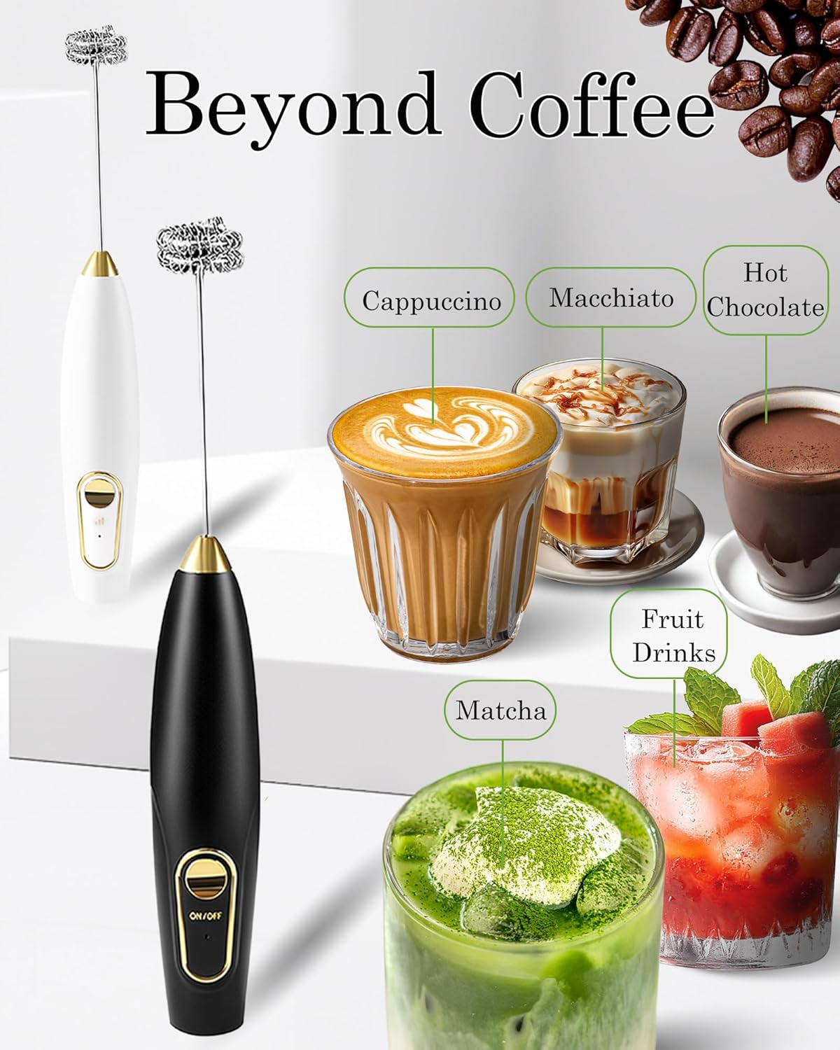 Handheld Milk Frother Rechargeable Powerful Double Whisk 3 Speed Settings Drink Mixer (White with Coffee Spoon) image number 1