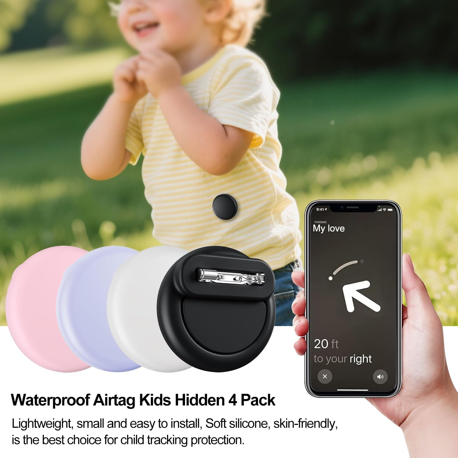 T Tersely【4 Pack】 Waterproof Holder for Airtag 2Nd/1St Generation (2026/2021), Silicone Case Holder with Invisible Pin, anti Lost, for Kids, Elderly, Luggage, Clothing (Black White Pink Purple) image number 2