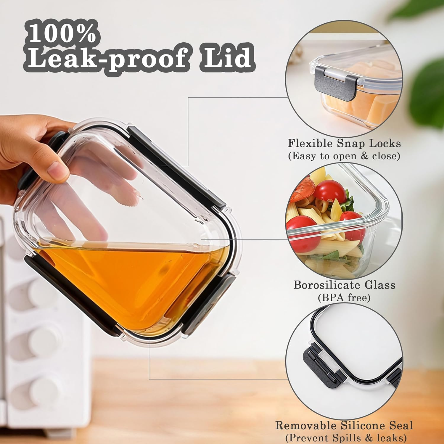 LIKHOPER Glass Food Storage Containers Set of 10 &ndash; 5 Small (370Ml) + 5 Large (1040Ml) Square Meal Prep Boxes with Lids, Leakproof Design for Lunch, Fridge, and Kitchen Storage image number 1