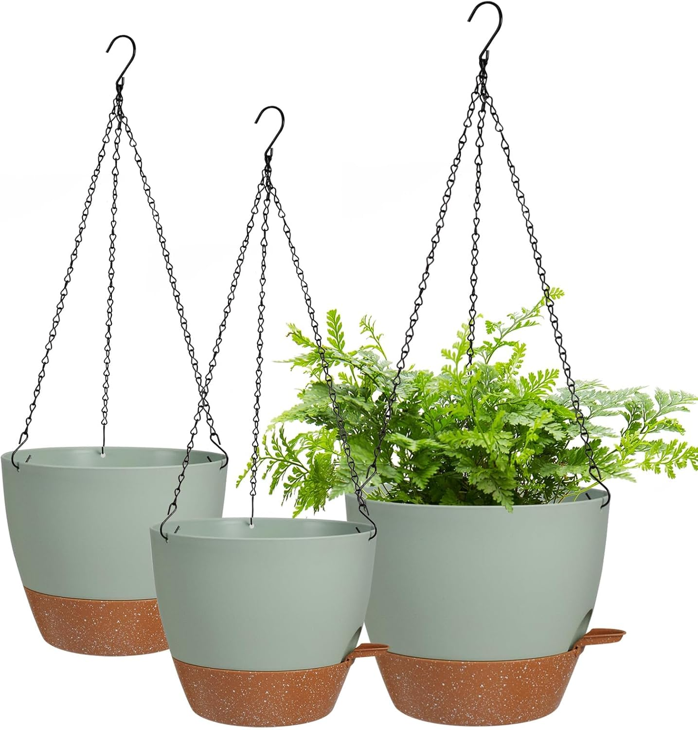10/9/8 Inch Hanging Planter for Indoor Outdoor Plants, 3 Pack Self-Watering Hanging Pot with Drainage Holes Hanging Planter Baskets Plant Pots with Removable Tray (White+Brown)