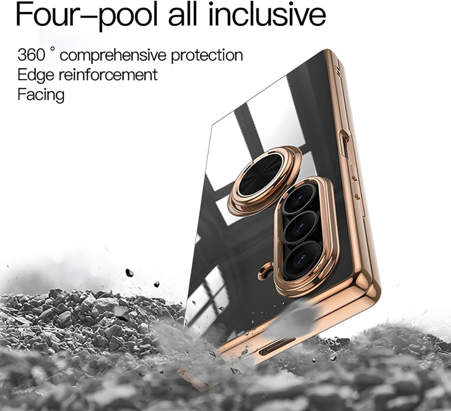 ILING Case for Samsung Galaxy Z Fold 7 with 360 Degree Ring Stand, Luxurious Galvanised Gold Trim, Soft TPU Silicone, Shockproof Protective Case, Ultra Thin Women'S Mobile Phone Case (Black)