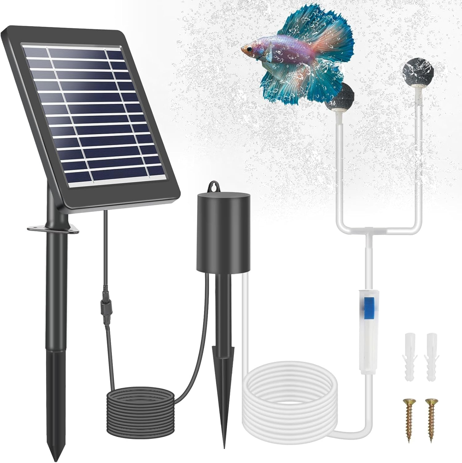 Oxygen Pump for Pond Solar, 4 W Pond Aerator Solar with 2200 Mah Battery, Pond Air Pump with Oxygen Tube and Air Bubble Stone, Air Pump Aquarium Oxygenator for Pond Pool