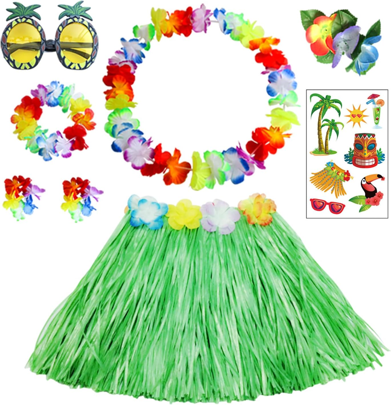 8Pcs Hawaiian Hula Skirt Costume Set,40Cm Hawaiian Grass Skirt,Hawaii Leis,Pineapple Glasses for Kids Fancy Dress Supplies Summer Beach Tropical Party Decorations