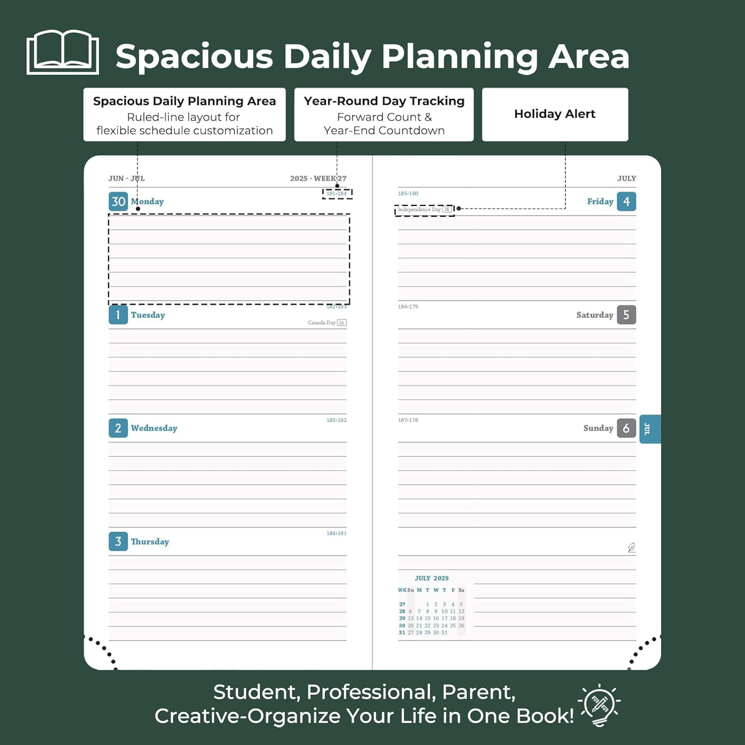 IN-LUXPRO Weekly Monthly 2025-2026 Planner (July 25-Dec 26),6.5"X3.75",18 Months Agenda Plan with Month Tabs & Pocket,Expenses/Note Pages, Academic Calendar with Vegan Leather Cover,Green