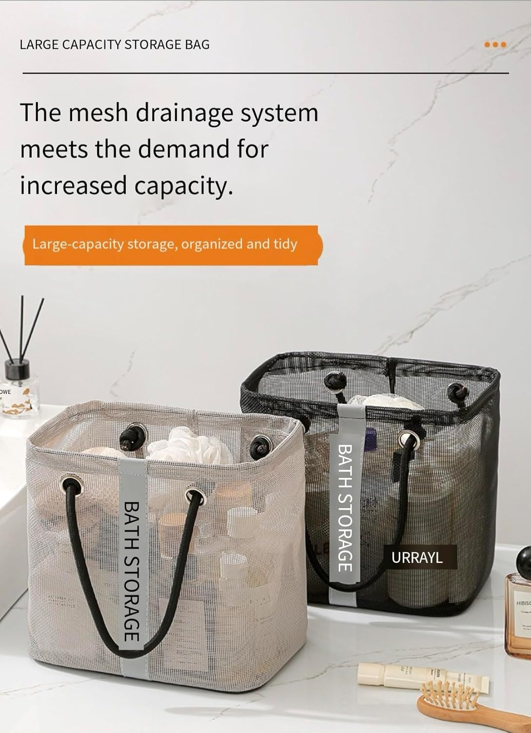 2 Pack Mesh Shower Caddy Tote, Black & Gray Bath Storage Organizer with Handles for Toiletries, Bathroom, Dorm, Travel image number 1