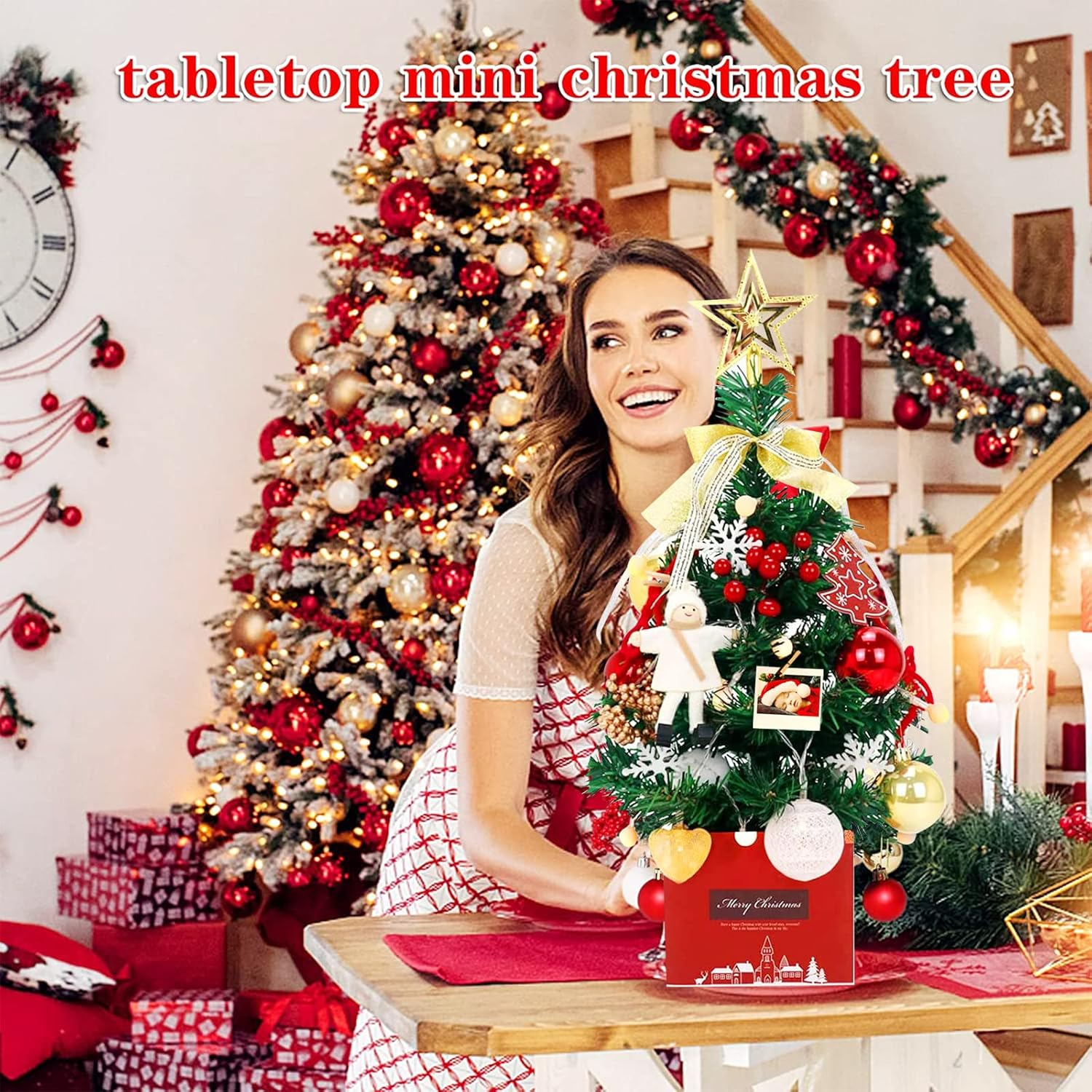 50Cm Artificial Christmas Tree, Mini Christmas Tree Decoration, 24In Small Tabletop Xmas Tree with Xmas Ball Stars Bow Ornaments for Home Office Shop Desktop Party Decor (Gold, 1.6Ft) - Green, 2Ft image number 7