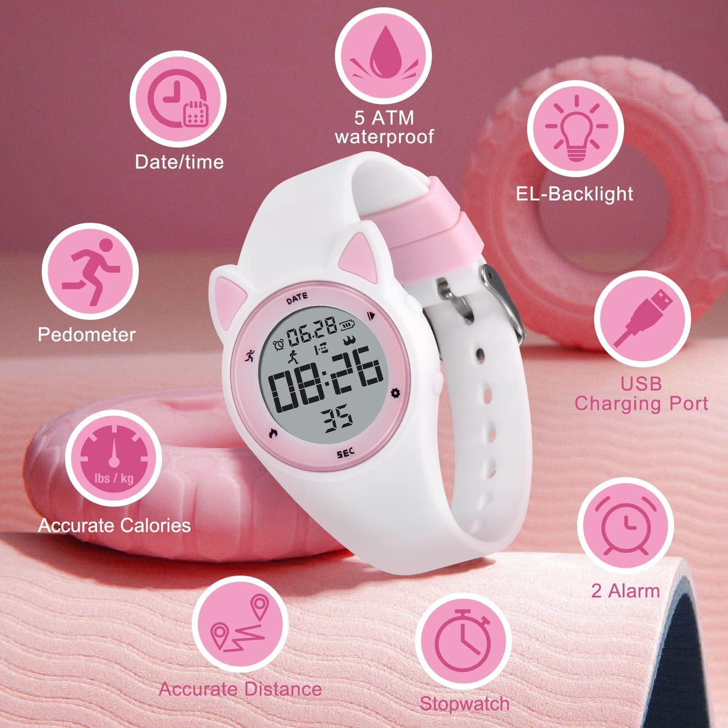 BEN NEVIS Digital Kinderuhr Jungen Und M&auml;dchen-Sports Outdoor Wasserdicht Armbanduhr Mit Led-Licht,Wecker,Stoppuhr,Datum,Fitness Tracker Uhr Mit Schrittz&auml;hler,Distanz-Silikon Armband - 15-Black Pink/T15 image number 6