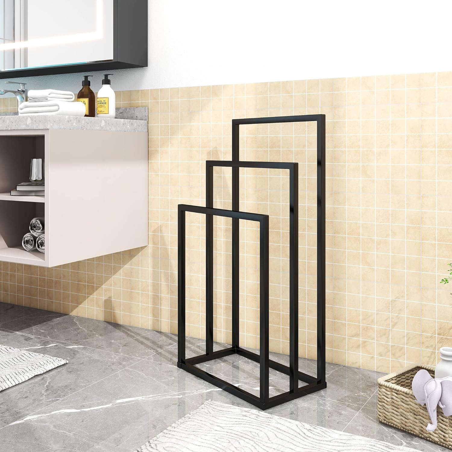 3 Tiers Freestanding Towel Racks for Bathroom, Metal Towel Rack Standing Towel Holder Drying Hand Towel Stand Holder, Black image number 6