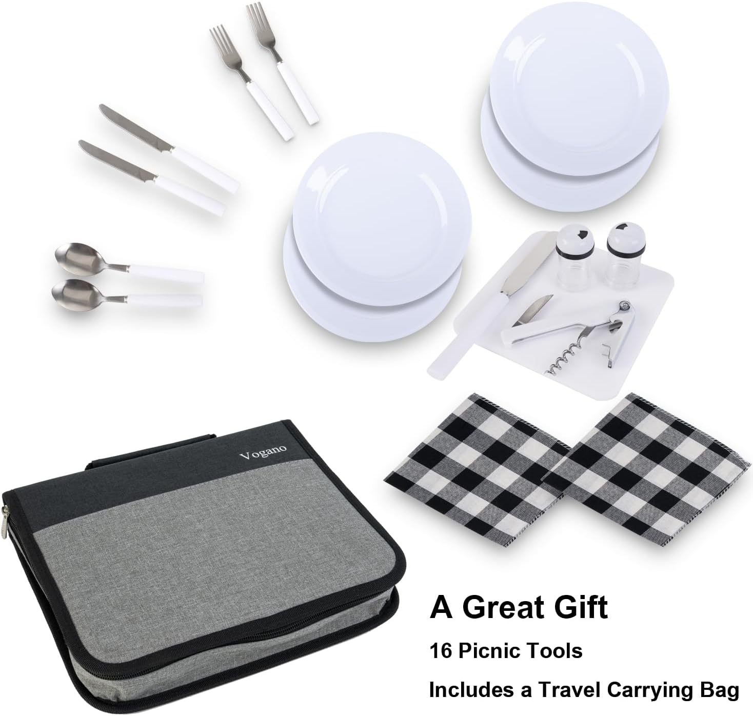 Picnic Set for 2 - Includes 16 Pcs, Portable Travel Utensils with Case, Reusable Camping Cutlery Plates, Stainless Steel of Spoons and Forks, for Hiking, Camp, BBQ, Gift (Grey)