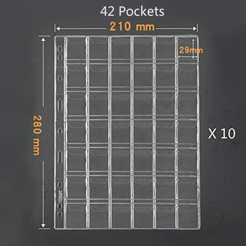 Daswit 42 Pocket Coin Pages, 10 Sheets Plastic Coin Holders Stamp Collector Supplies for Coin Stamp Currency Collection image number 1