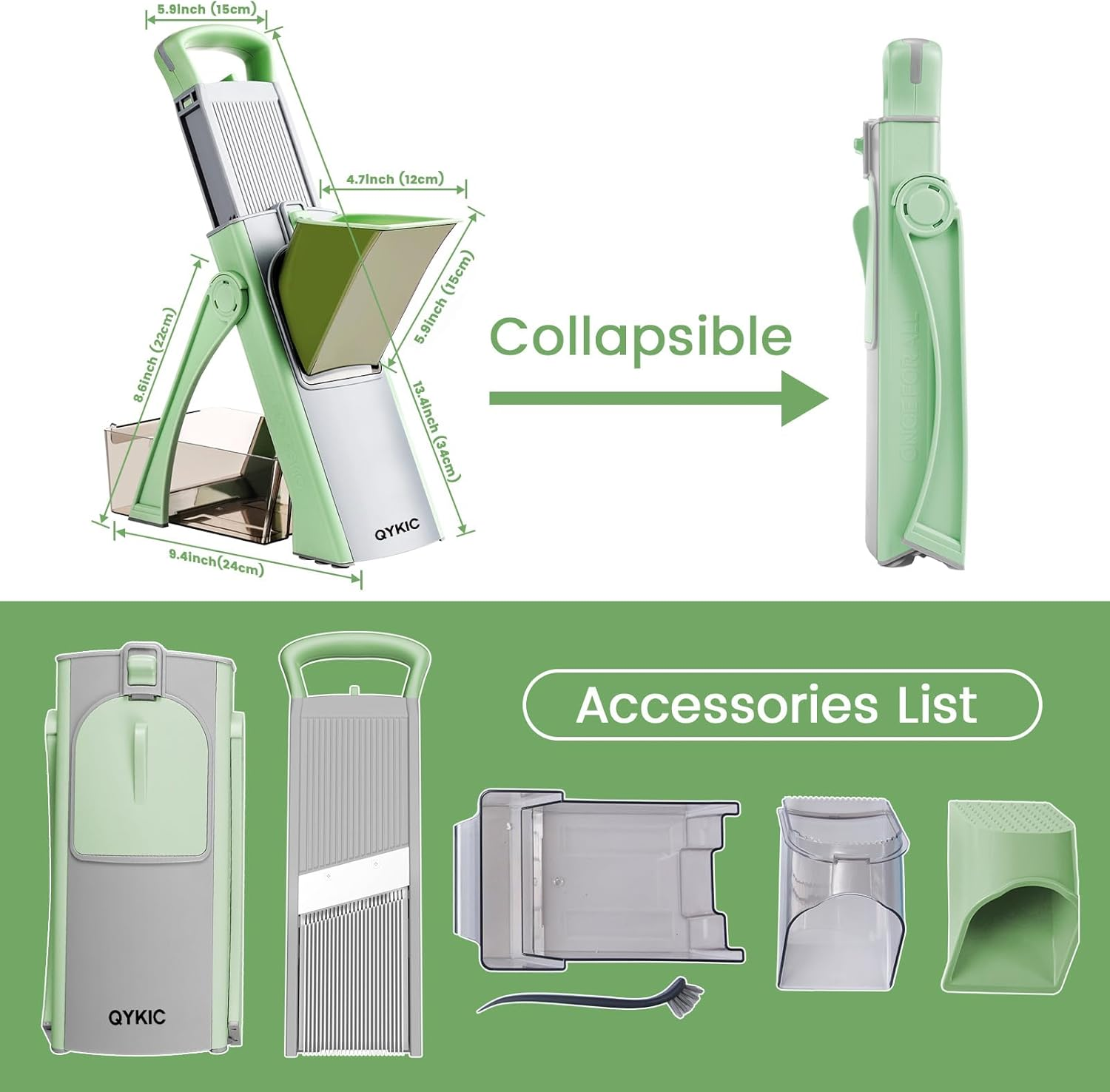 QYKIC Upgrade Safe Mandoline Slicer for Kitchen, Chopper Vegetable Cutter, Potato Slicer Thickness Adjuster, French Fry Cutter, Veggie Dicer Faster Kitchen Mandolin for Meal Prep Green image number 3