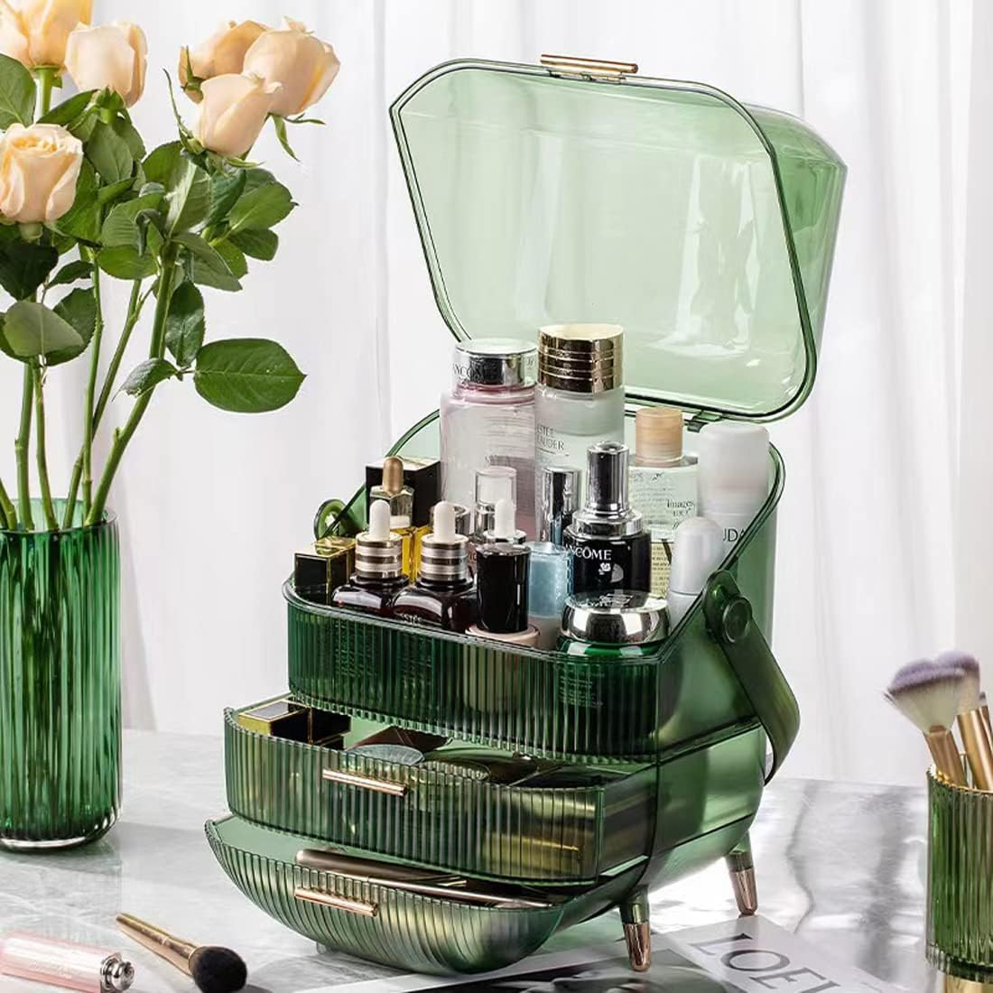 Makeup Organiser Storage Box, Cosmetics Display Case with Cover, Dust Proof Waterproof Cosmetics Storage Box Suitable for Bathroom Countertop and Bedroom Vanity Dresser (Retro Green) image number 5