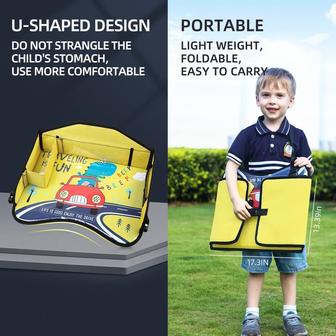 Kids Travel Tray for Toddler Car Seat, Toddler Car Seat Tray Organizer, Large Ipad Holder Road Trip Essential, Soft Padding, Waterproof, Food & Snack Lap Tray Carseat, Stroller (Yellow)