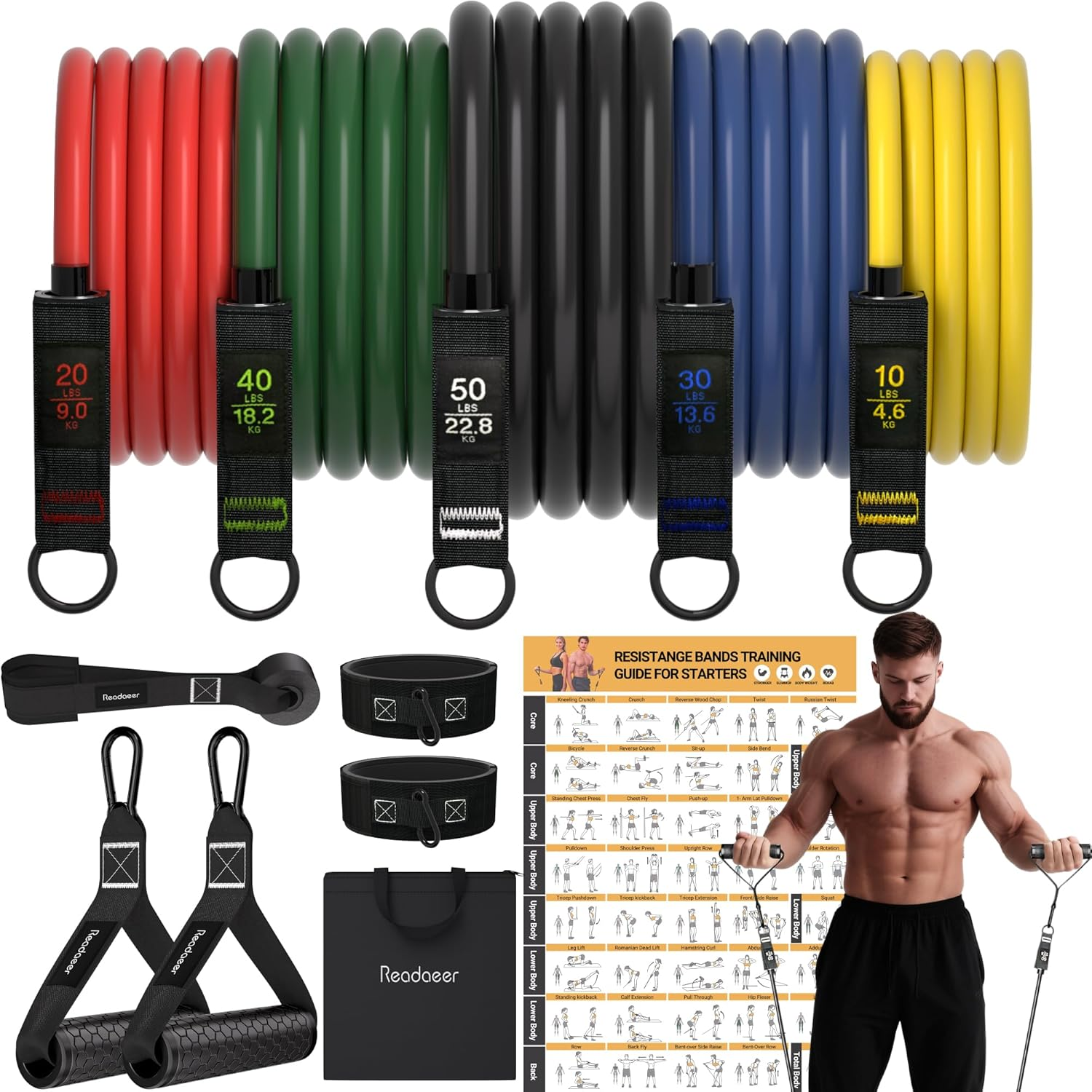 Readaeer Resistance Bands, Exercise Bands, Resistance Bands for Working Out with Handles for Men and Women for Indoor and Outdoor Sports, Fitness, Suspension, Speed Strength, Training, Home Gym, Yoga image number 2
