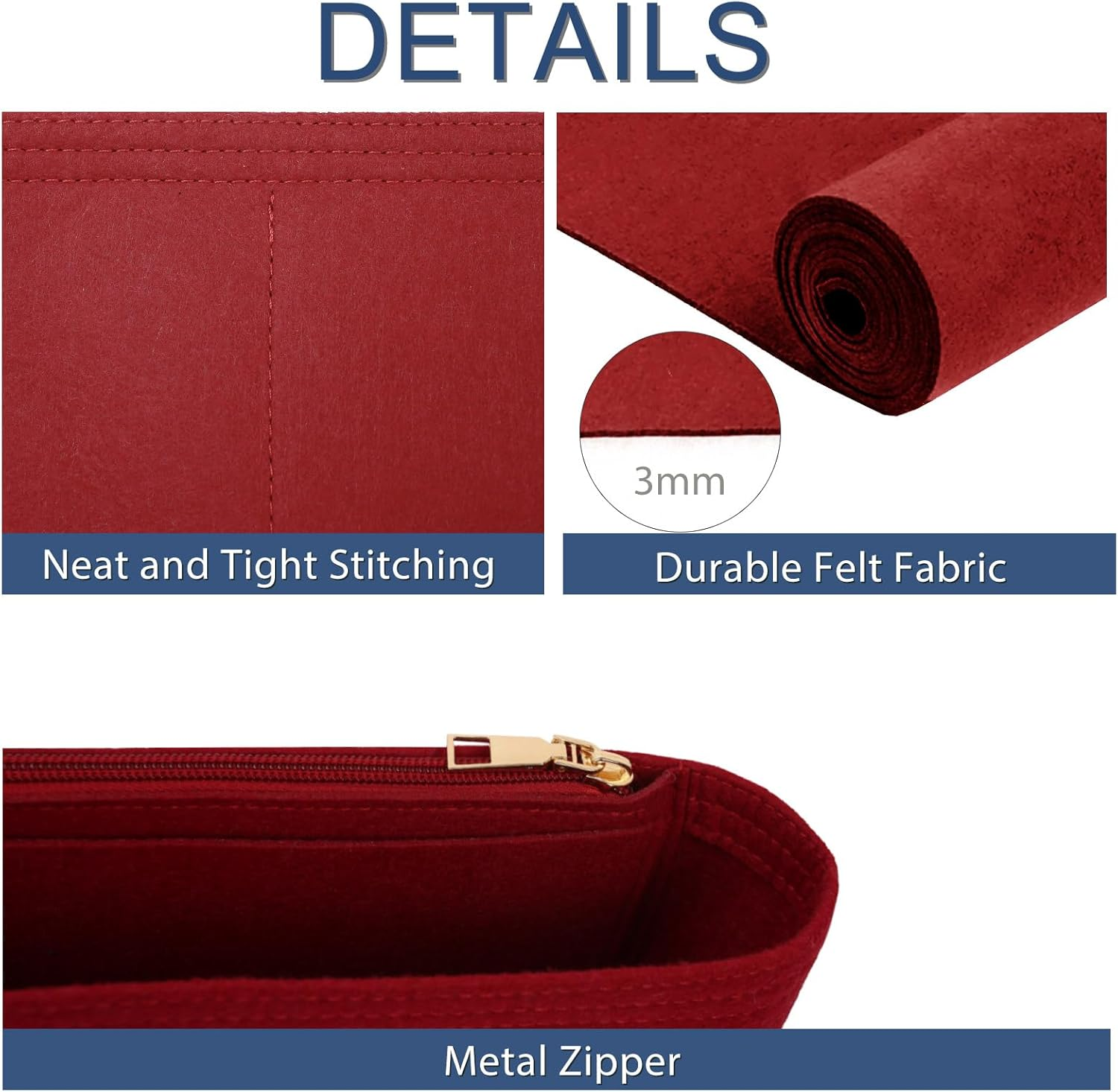 Surblue Purse Organizer Insert for Handbags, Felt Bag Organizer with Zippers Handbag Shaper Pouch for Classic 19 Flap Bag, Marmont, Onthego,（Burgundy, Slender M） image number 2