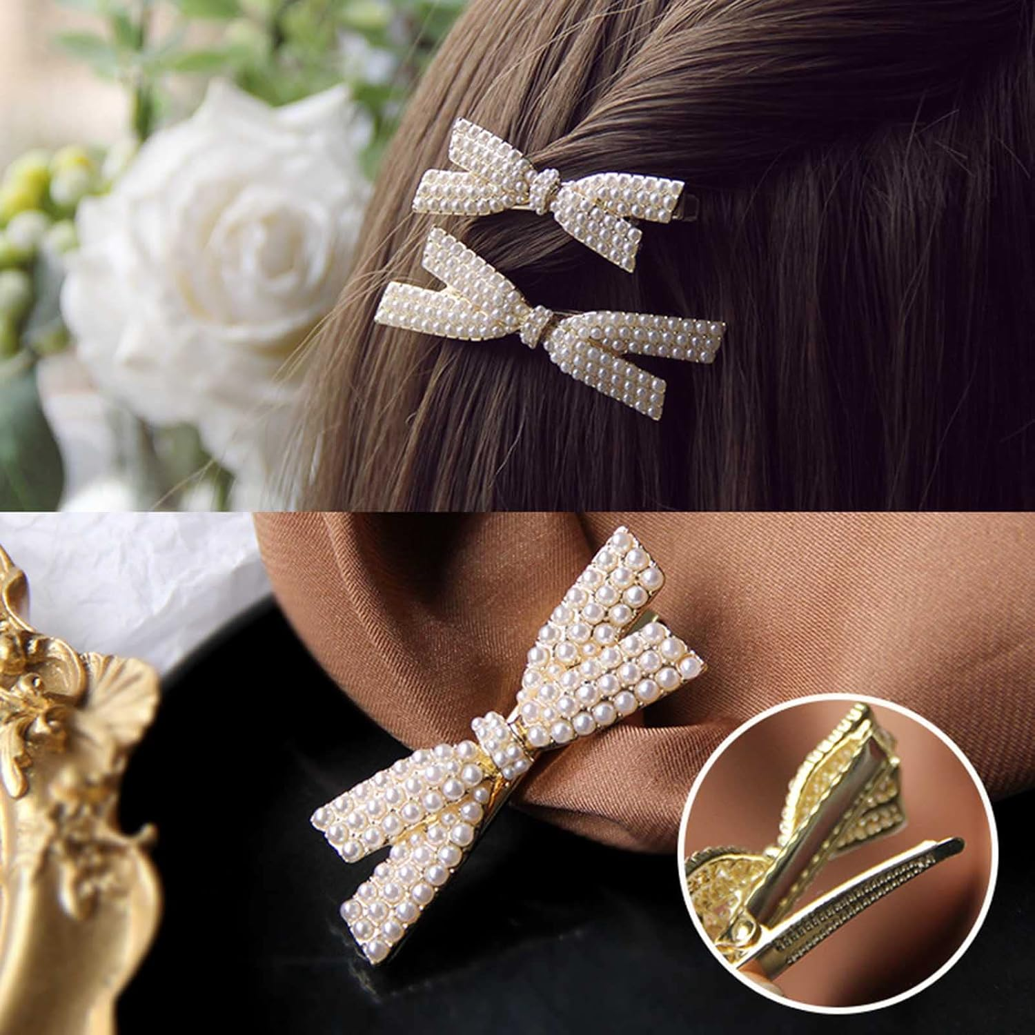 Wendalern Pearl Bow Hair Clips Vintage Beads Hair Clip White Bow Hair Pin Hair Clip Gold Pearl Alligator Hair Clips Decorative Hair Accessories for Women and Girls image number 5