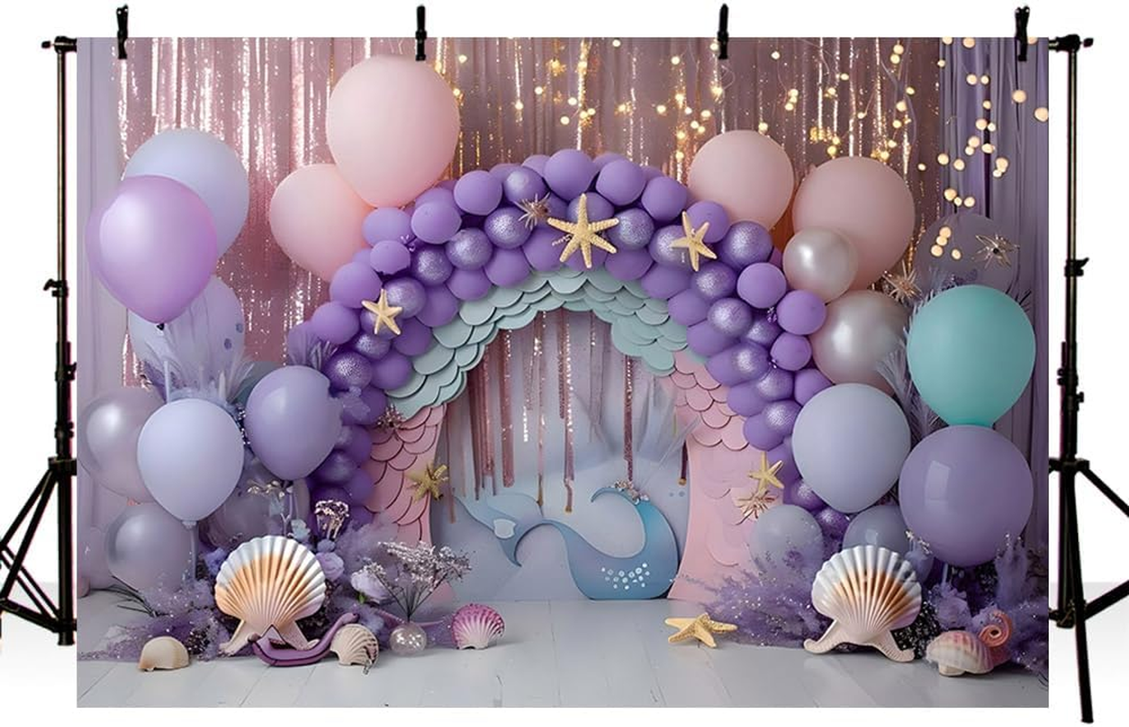 AIBIIN 7X5Ft Purple Balloons for Girls Birthday Ocean Shells Princess Cake Smash Party Banner Portrait Photo Props image number 2
