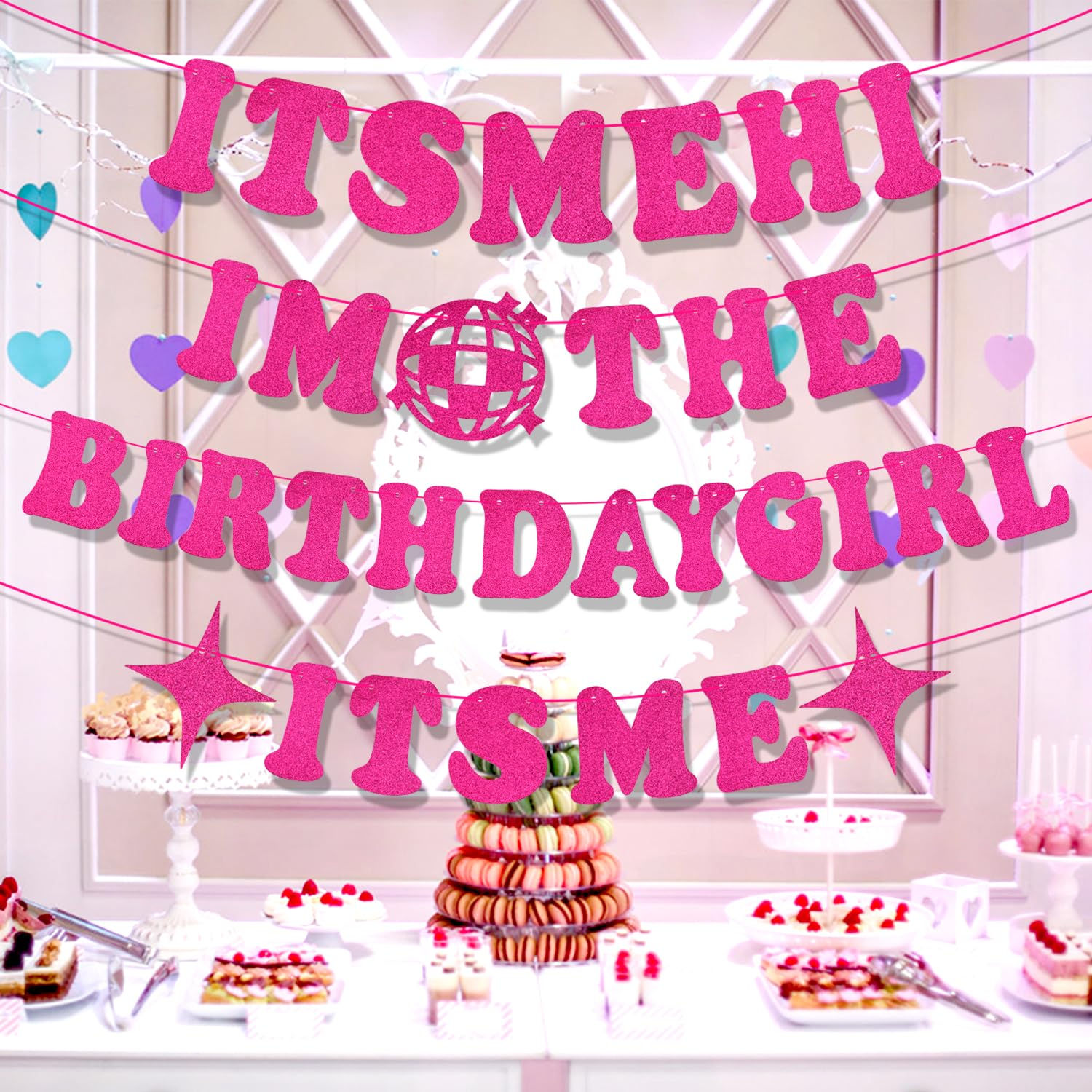It'S Me Hi I'M the Birthday Girl It'S Me Banner, Funny Birthday Party Banner Singer Party Garland Decorations Glitter (Pink) image number 2