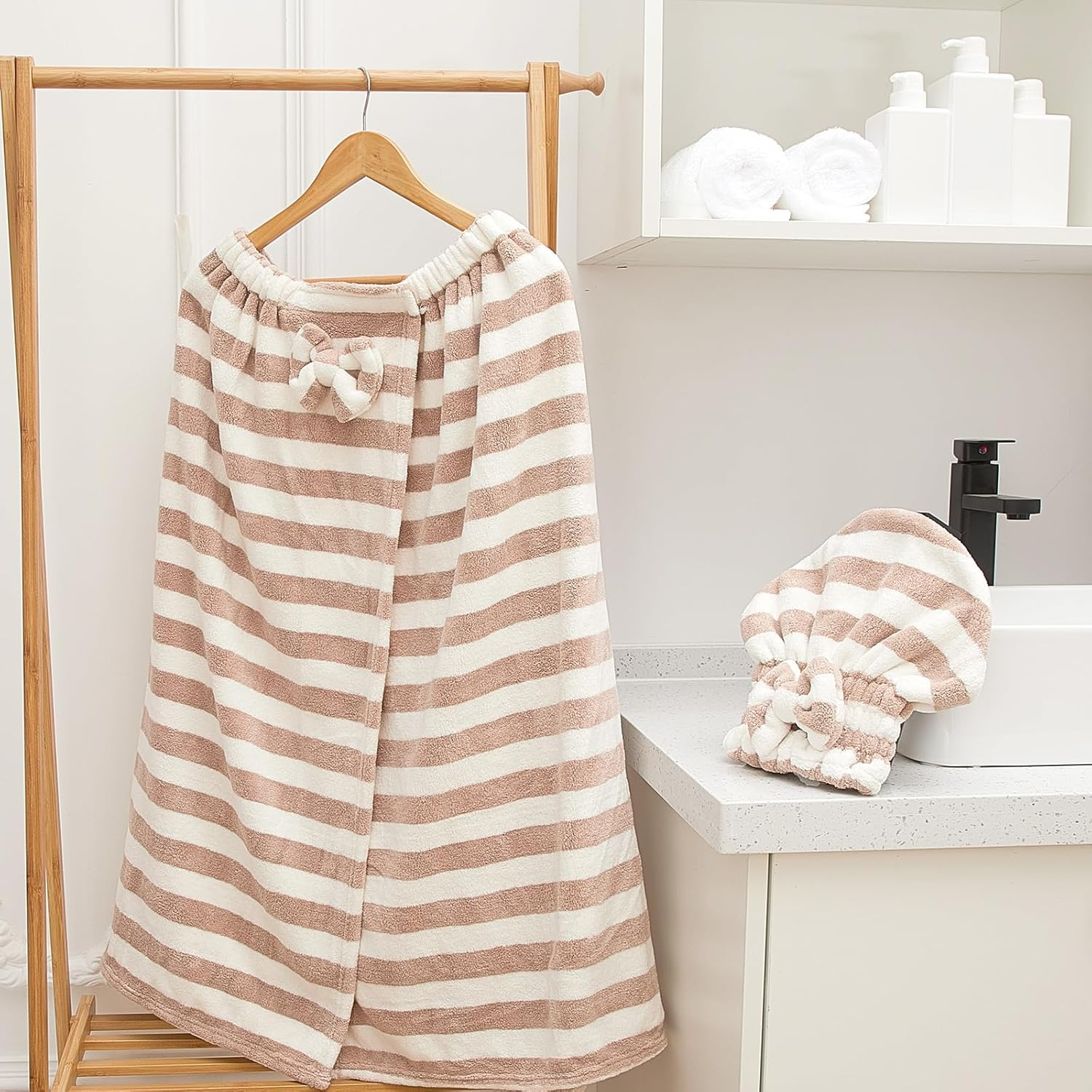 Xtinmee 2 Sets plus Size Towel Wrap with Hair Drying Adjustable Shower Wrap Bath Towel Women'S Robes Absorbent Spa Bathrobe(Coffee Color) image number 2