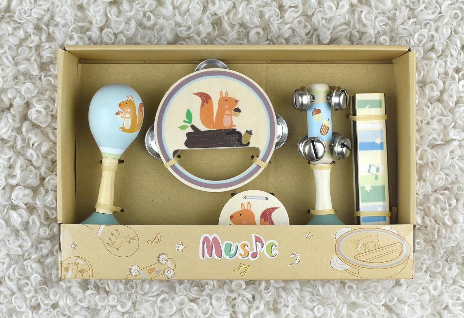 Kaper Kidz Calm & Breezy Squirrel Wooden 5PCS Musical Set : 5 Piece Baby Music Gift Set image number 2