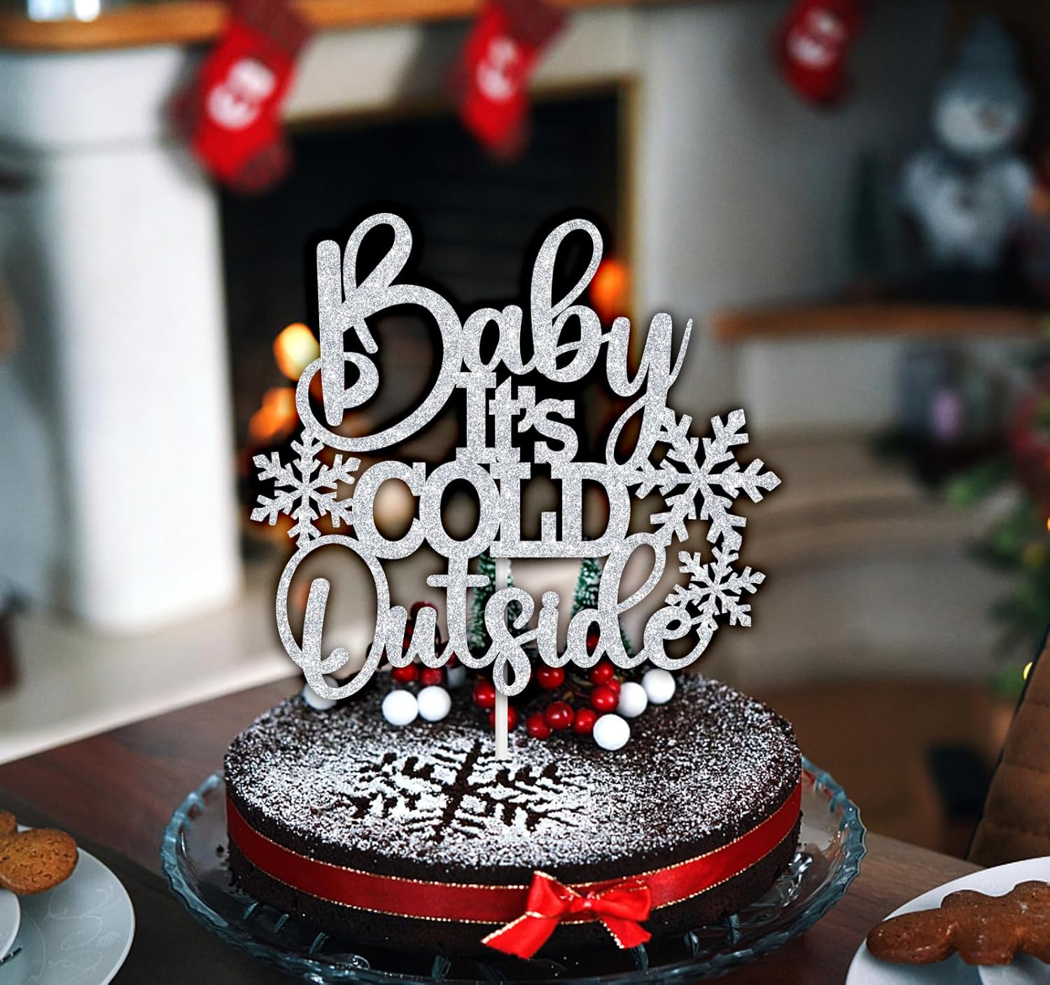 Baby It'S Cold outside Cake Topper, Winter Onderland/Sweet Little Snowflake Cake Decor, Snowflake Baby Shower/Gender Reveal Birthday Party Decorations Supplies, Silver Glitter image number 6