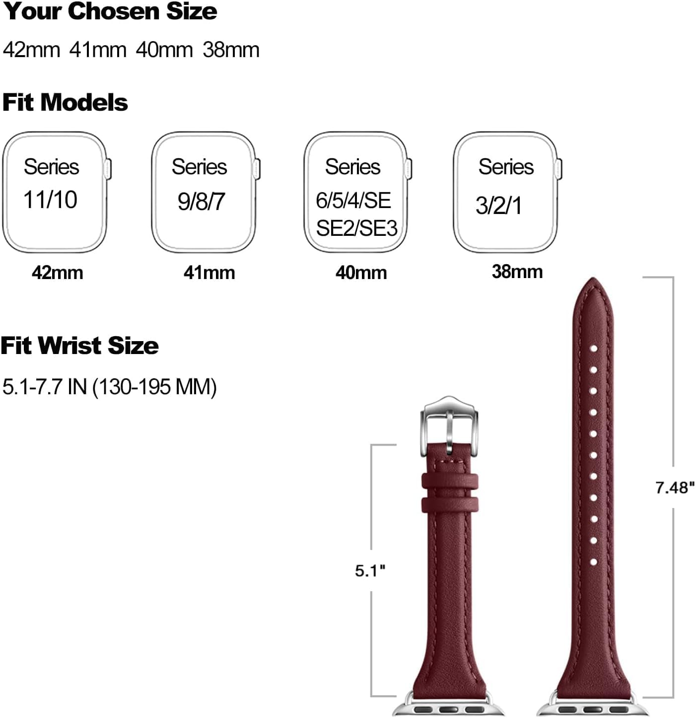 Leather Band Compatible with Apple Watch Strap Women, Genuine Leather Thin Slim Bracelet Bands for Iwatch Series 11 SE 10 9 8 7 6 5 4 3 2 1 Ultra (42Mm 41Mm 40Mm 38Mm) image number 5