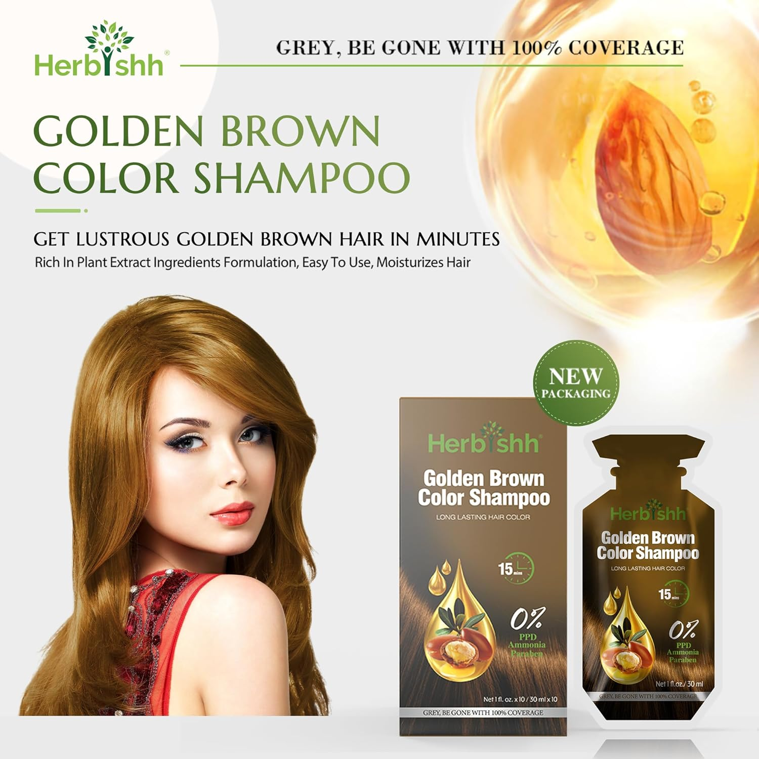 Herbishh Hair Color Shampoo 10 Sachet +1 Argan Hair Mask Pouch | 3 in 1 Hair Dye | PPD Free | Easy to Use | Gray Coverage | Travel Size | Available in 6 Colors | Long Lasting Hair Color | (Golden Brown)