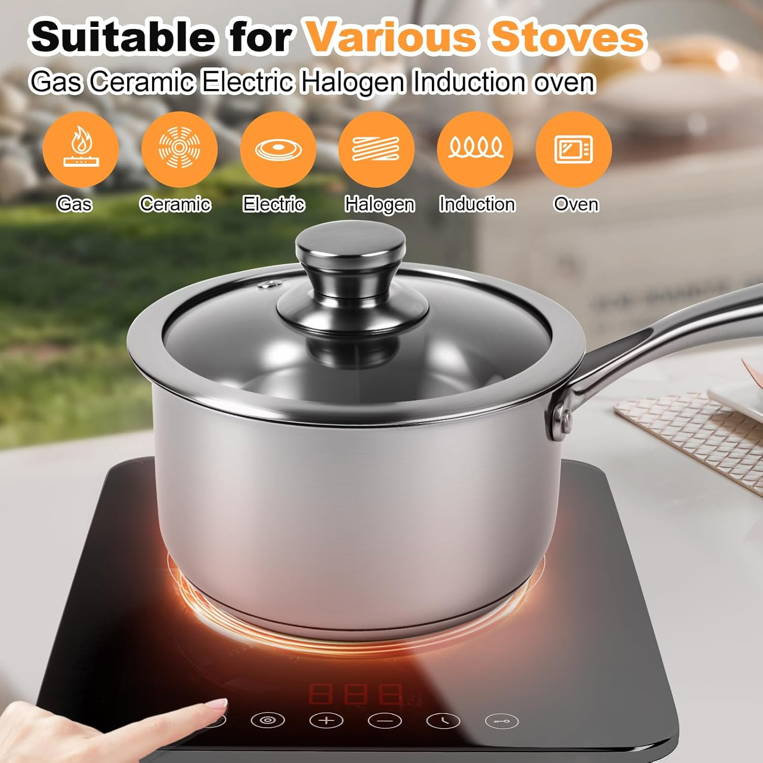 LZONEY 1.3 QT 304 Stainless Steel Saucepan with Lid, Professional Thickened Tri-Ply Milk Pan with Long Heatproof Handle, Non Toxic & Healthy, Dishwasher Safe image number 2