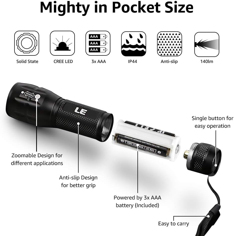 LE LED Torch, Super Bright Battery Powered Flashlight with Adjustable Focus, Waterproof, Handheld Tactical Mini Torches, Lightweight Flashlight for Emergency,Running, 3 AAA Batteries Included image number 2