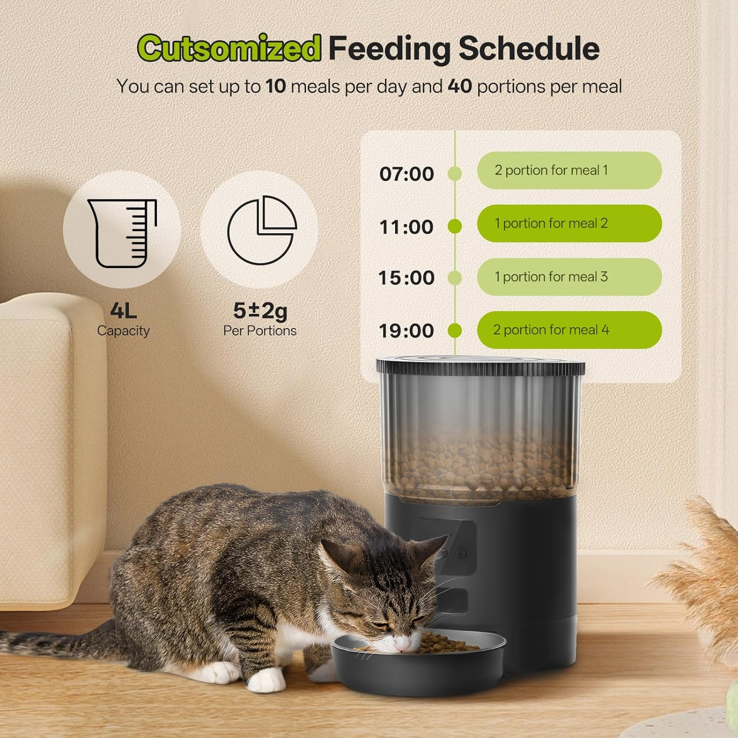 Mukkela Wifi Automatic Cat Feeder, 4L Timed Cat Dry Food Dispenser with 10S Voice Recorder, APP Control, Auto Pet Feeder up to 10 Meals per Day for Cats, Dogs, Dual Power Supply (Black) image number 6