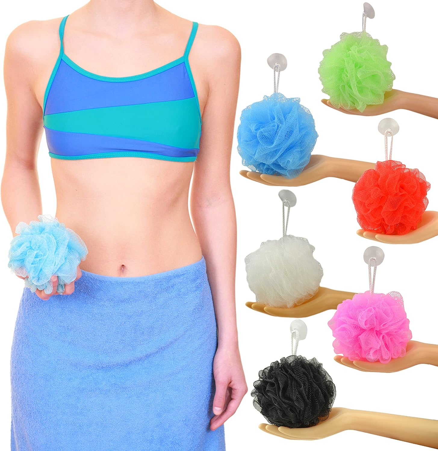 Star NEVER UNRAVEL Bath Sponge 6 Counts | 60G Heavy Mesh Pouf with Suction Cup | Big Shower Sponge and Loofahs | Long Lasting Bathing Exfoliator and Body Scrubbers (60G X 6 Pieces, 6 Colors) image number 5