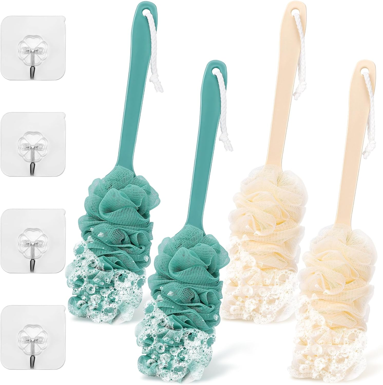 2 Pack Back Scrubber Brush Shower Loofah for Men or Women 17&Prime; Body Scrubber Long Handle Sponge with Bath Brush Net Soft Mesh Back Washer (Pink & Green)