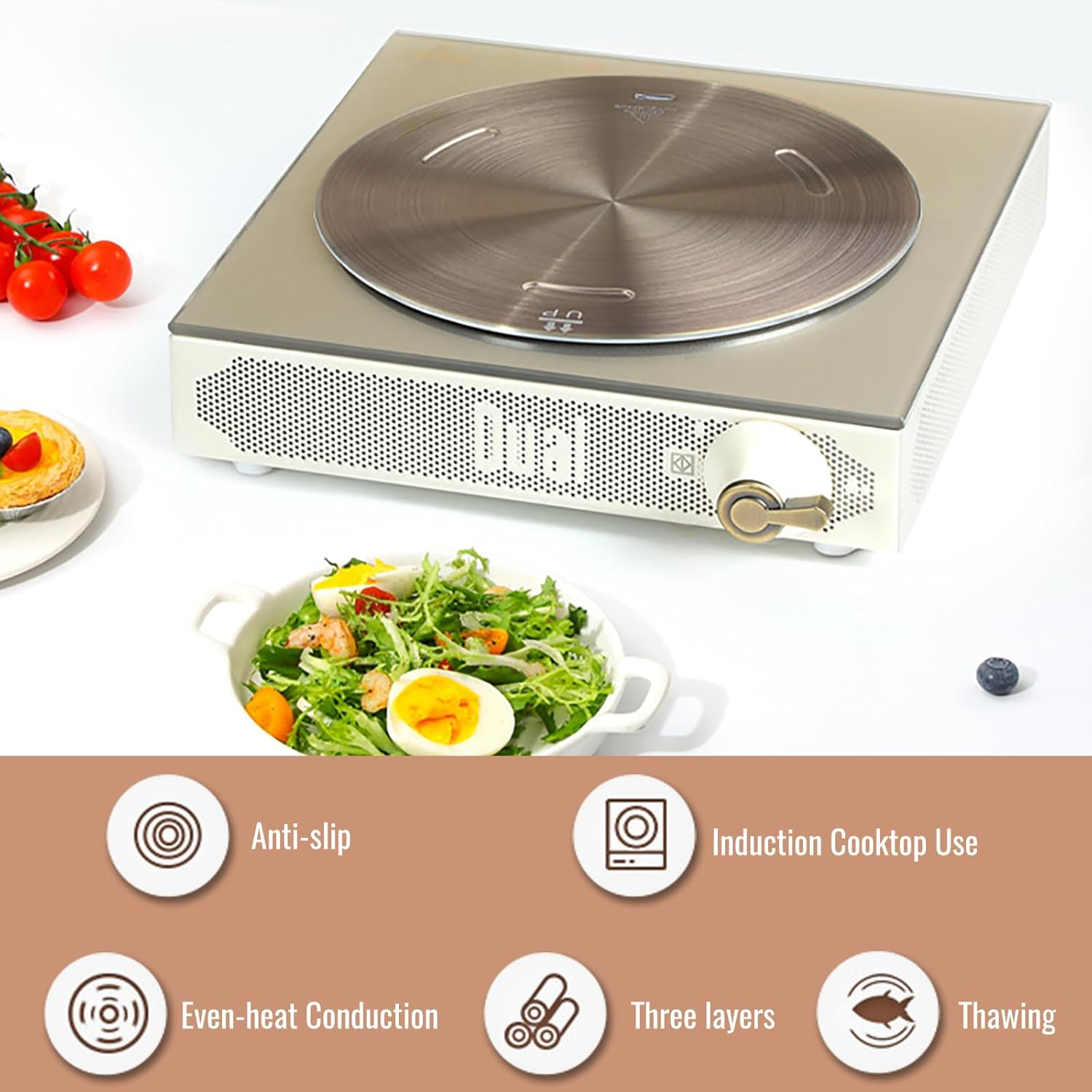 Jascherry 28Cm Heat Diffuser Plate, Stainless Steel Cooking Induction Adapter Simmer Plate for Electric Gas Glass Cooktop Hob Ring, Induction Cooktop Converter Plate with Handle, Rose Gold(D) image number 5